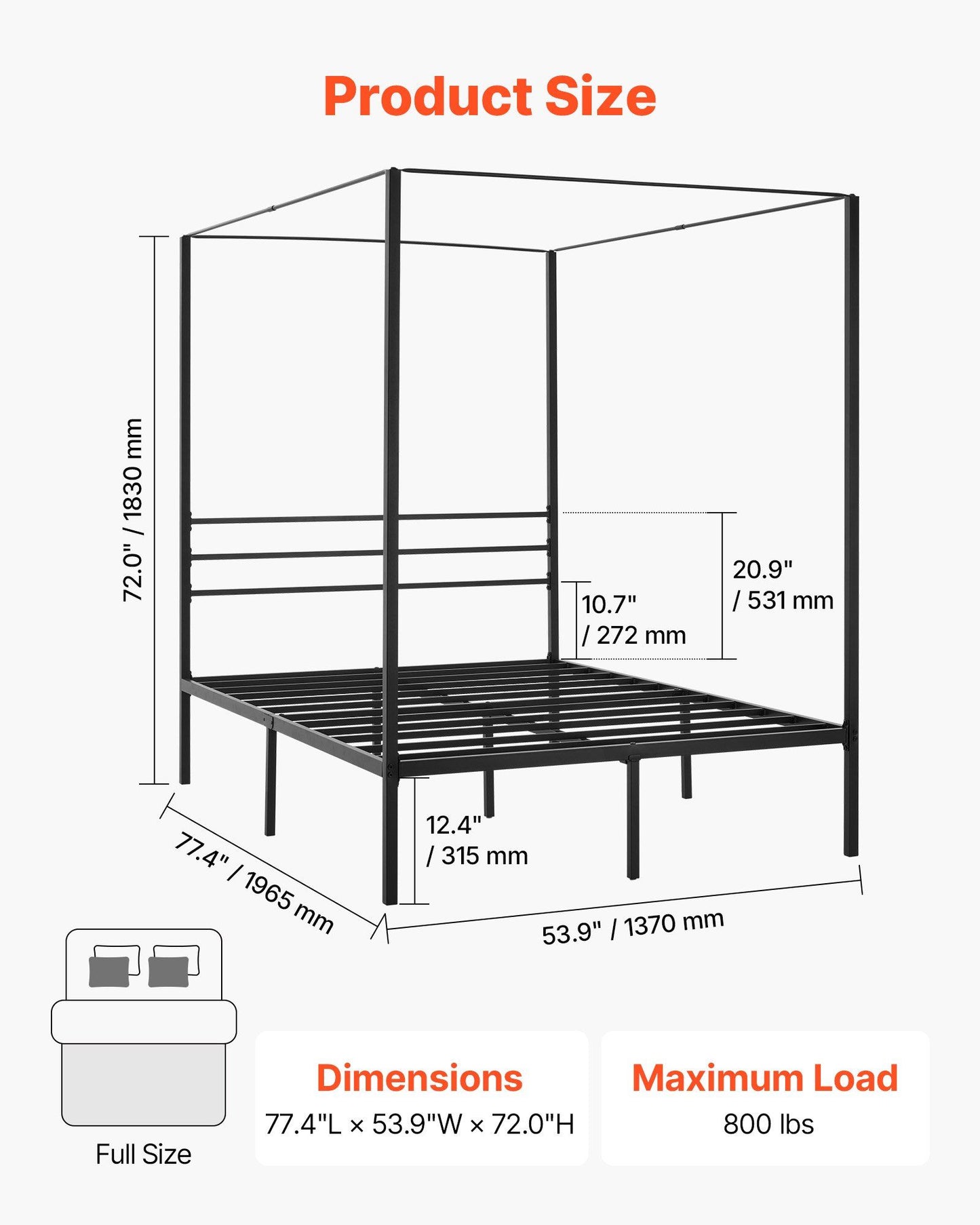 Full Size Canopy Bed Frame, Metal Canopy Bed with Four Posters Design, Heavy Duty Steel Slats Support, Underbed Storage Space, No Box Spring Needed, Easy Assembly, Black