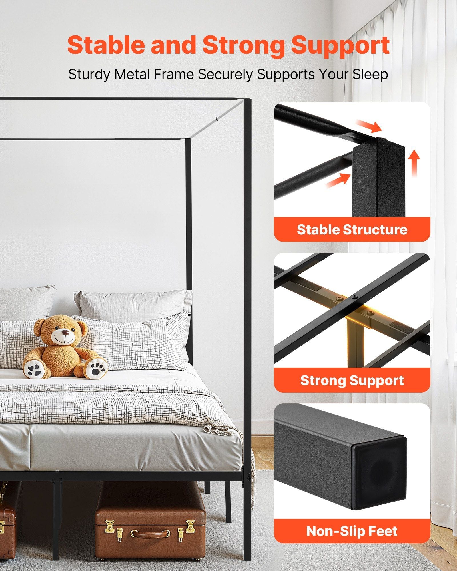 Full Size Canopy Bed Frame, Metal Canopy Bed with Four Posters Design, Heavy Duty Steel Slats Support, Underbed Storage Space, No Box Spring Needed, Easy Assembly, Black