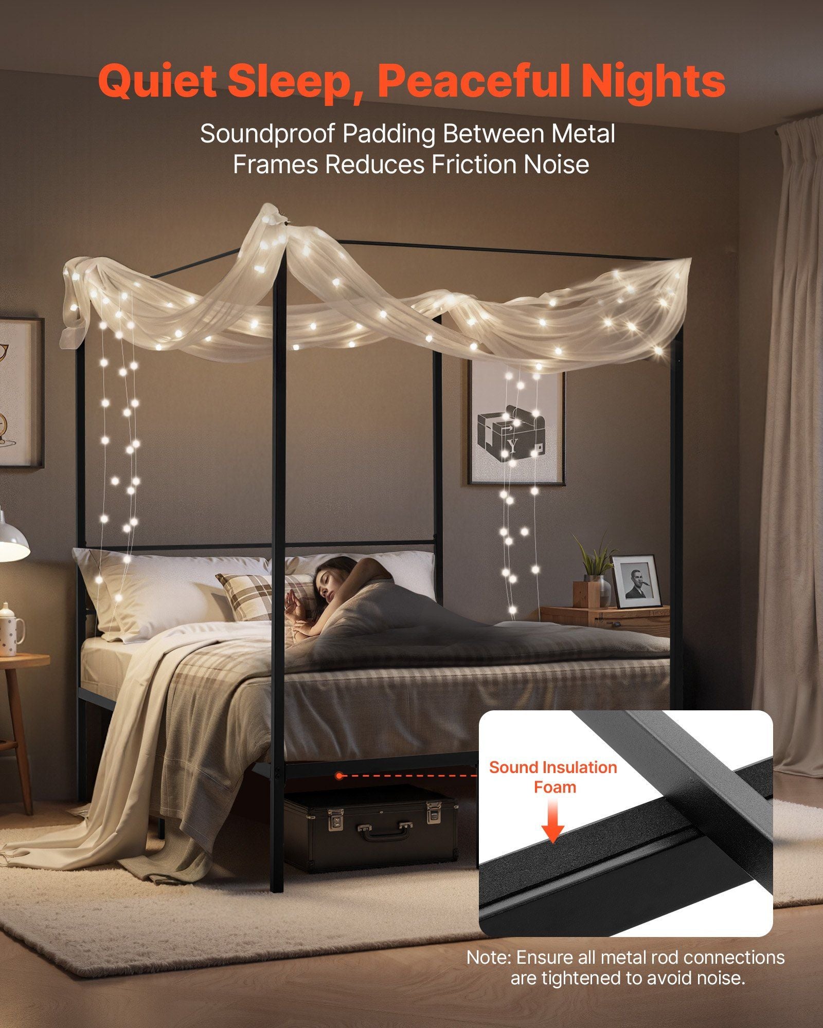 Full Size Canopy Bed Frame, Metal Canopy Bed with Four Posters Design, Heavy Duty Steel Slats Support, Underbed Storage Space, No Box Spring Needed, Easy Assembly, Black