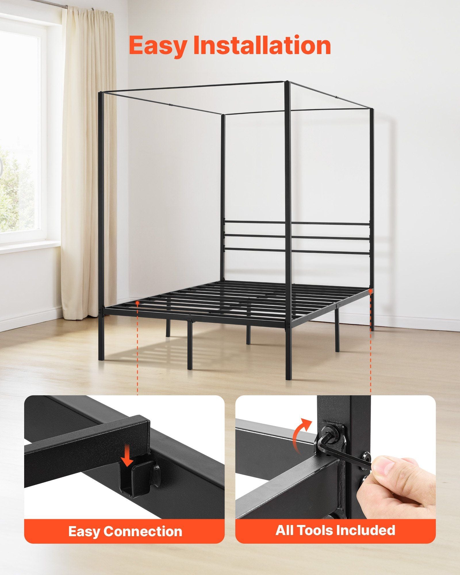 Full Size Canopy Bed Frame, Metal Canopy Bed with Four Posters Design, Heavy Duty Steel Slats Support, Underbed Storage Space, No Box Spring Needed, Easy Assembly, Black