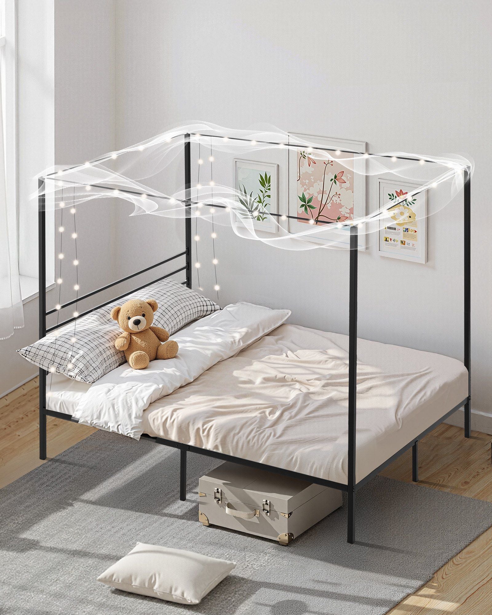 Full Size Canopy Bed Frame, Metal Canopy Bed with Four Posters Design, Heavy Duty Steel Slats Support, Underbed Storage Space, No Box Spring Needed, Easy Assembly, Black