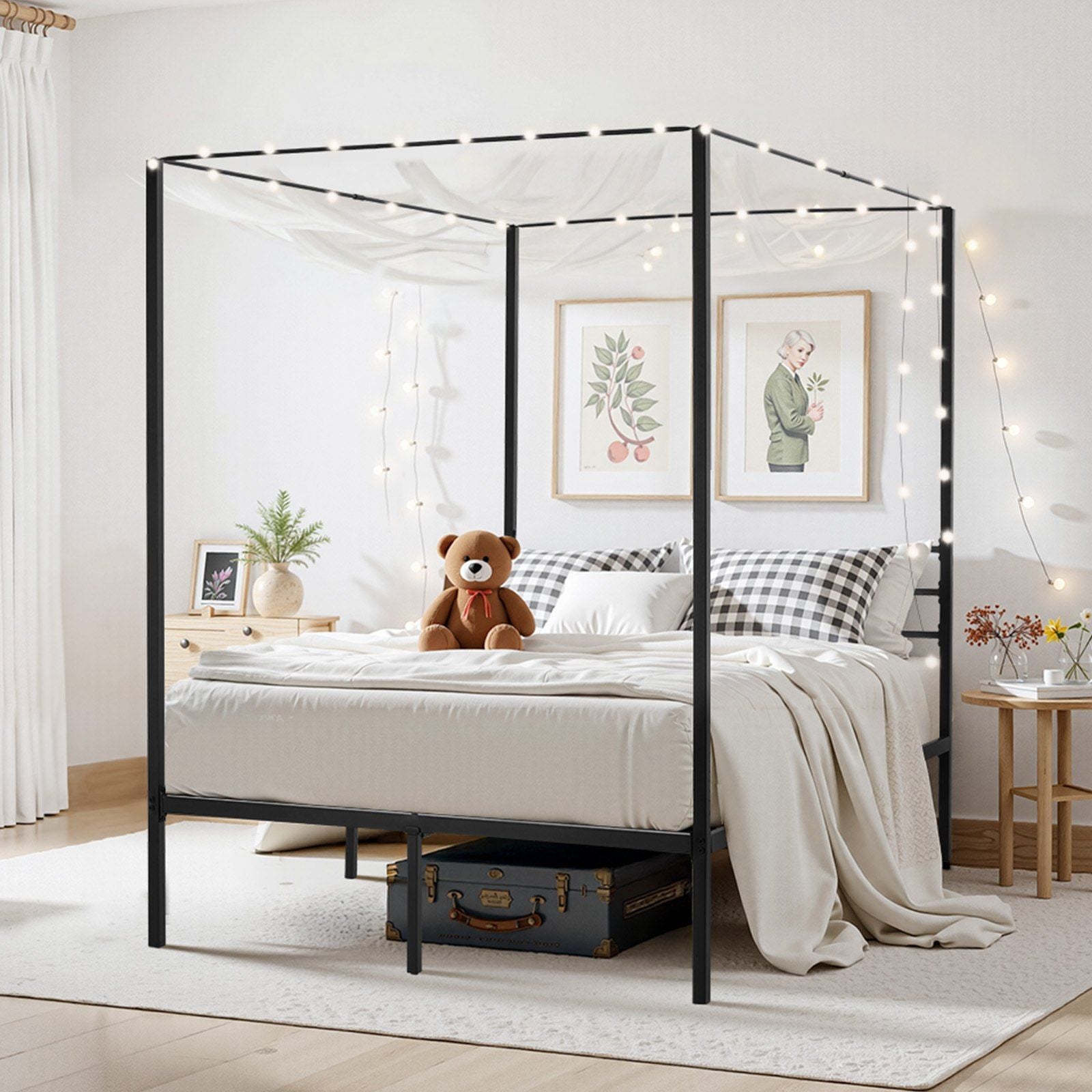 Full Size Canopy Bed Frame, Metal Canopy Bed with Four Posters Design, Heavy Duty Steel Slats Support, Underbed Storage Space, No Box Spring Needed, Easy Assembly, Black