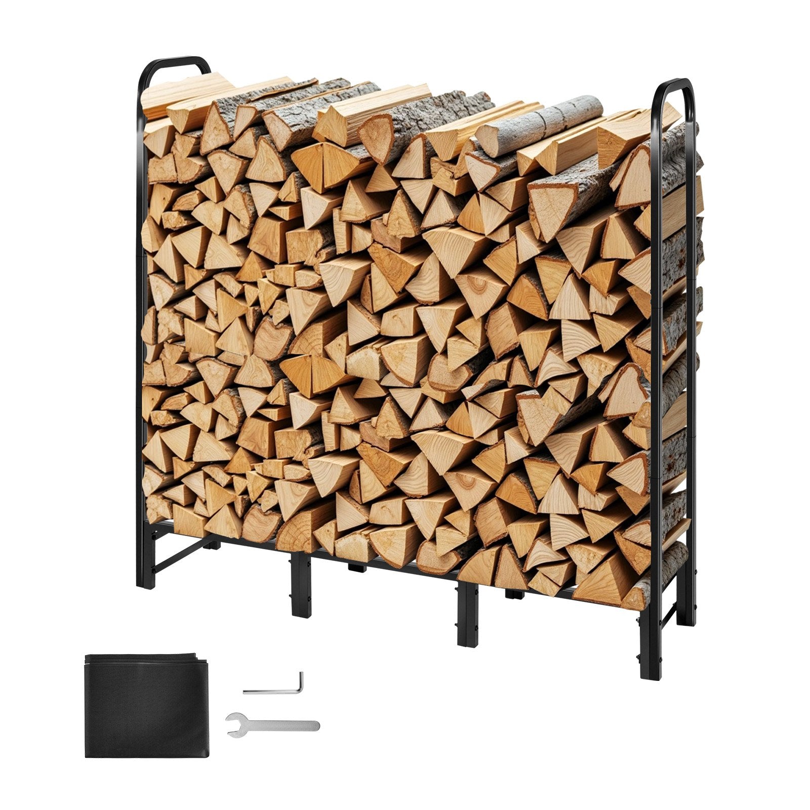 Firewood Rack with Waterproof Cover, 1.22m Outdoor Firewood Holder, 1/4 Cord Storage Metal Log Holder, 400lb Max Weight Capacity, Top Covered, Powder-Coated Wood Storage Rack for Fireplace Deck