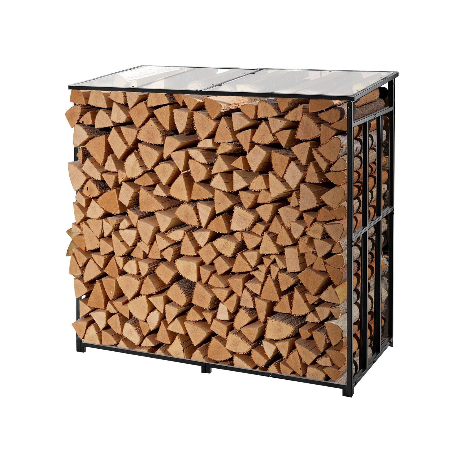 Firewood Rack with Sloped Roof, 143cm Outdoor Firewood Holder, 1/4 Cord Log Storage Shed, 299kg Max Weight Capacity, Powder-Coated Metal Wood Storage Rack for Fireplace Deck Backyard Garden