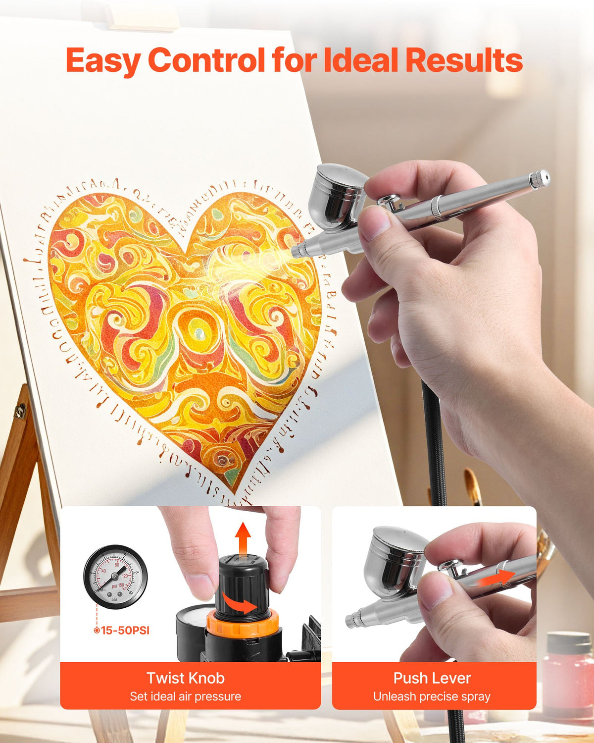 Airbrush Kit, 1/6 HP, Air Brush Kit with Air Compressor