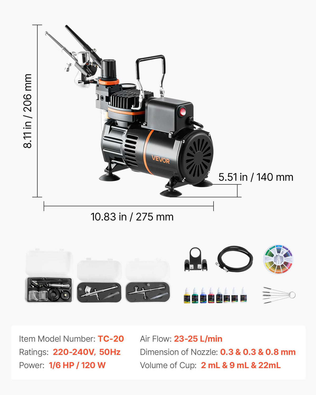 Airbrush Kit, 1/6 HP, Air Brush Kit with Air Compressor