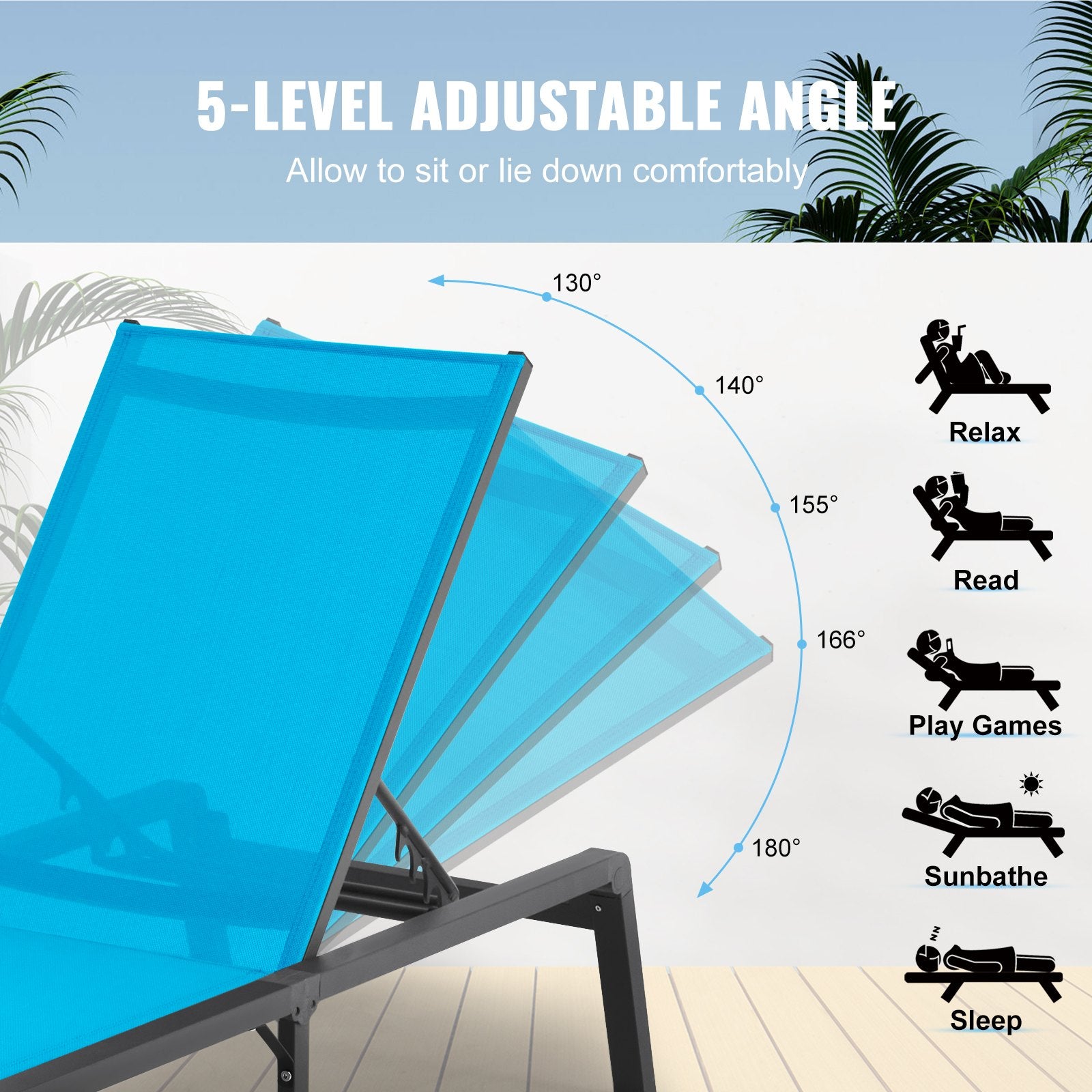 Chaise Lounge Chair Outdoor Patio Lounge Chair Adjustable 5-Position 2 pcs