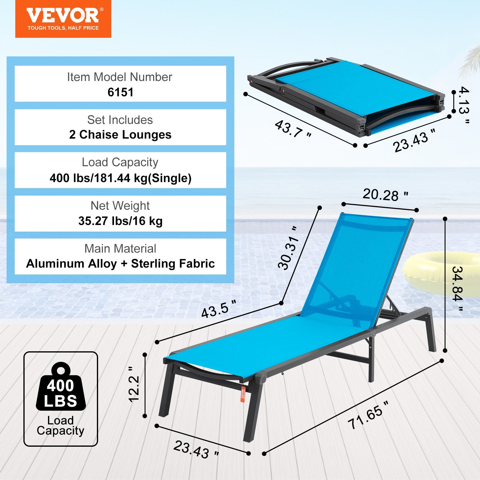 Chaise Lounge Chair Outdoor Patio Lounge Chair Adjustable 5-Position 2 pcs