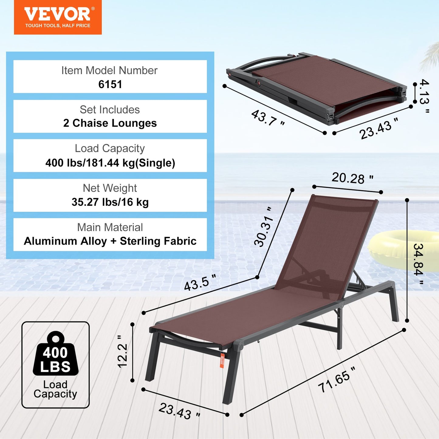 Chaise Lounge Chair Outdoor Patio Lounge Chair Adjustable 5-Position 2 pcs