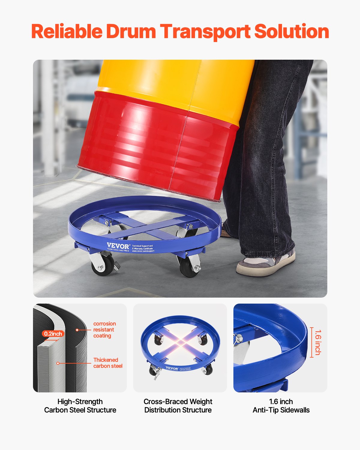55 Gallon Drum Dolly 2000 lbs Barrel Dolly Cart Drum Caddy 4 Caster Wheels