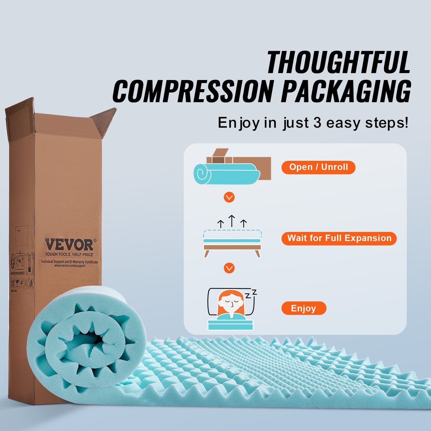 Mattress Topper, Queen Size, 50.8 mm Thickness, Memory Foam Mattress Pad, Cooling Gel Infusion, Compressed Package for Quick Setup, 7 Comfort Zones for Pressure Relief, Comfy Support for Any Bed