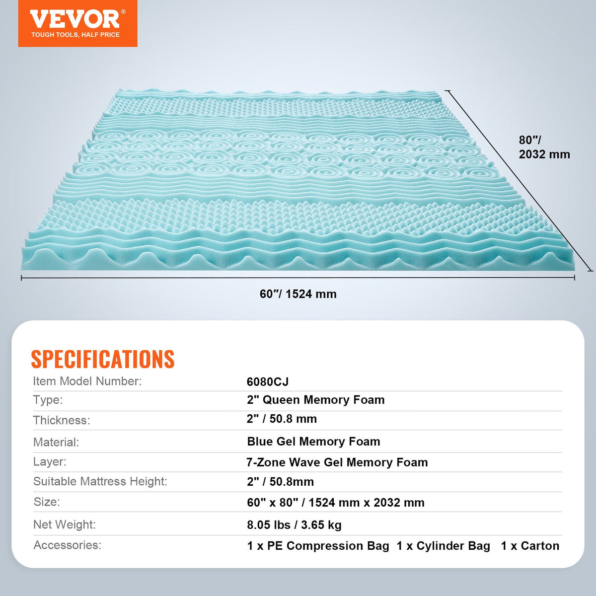 Mattress Topper, Queen Size, 50.8 mm Thickness, Memory Foam Mattress Pad, Cooling Gel Infusion, Compressed Package for Quick Setup, 7 Comfort Zones for Pressure Relief, Comfy Support for Any Bed