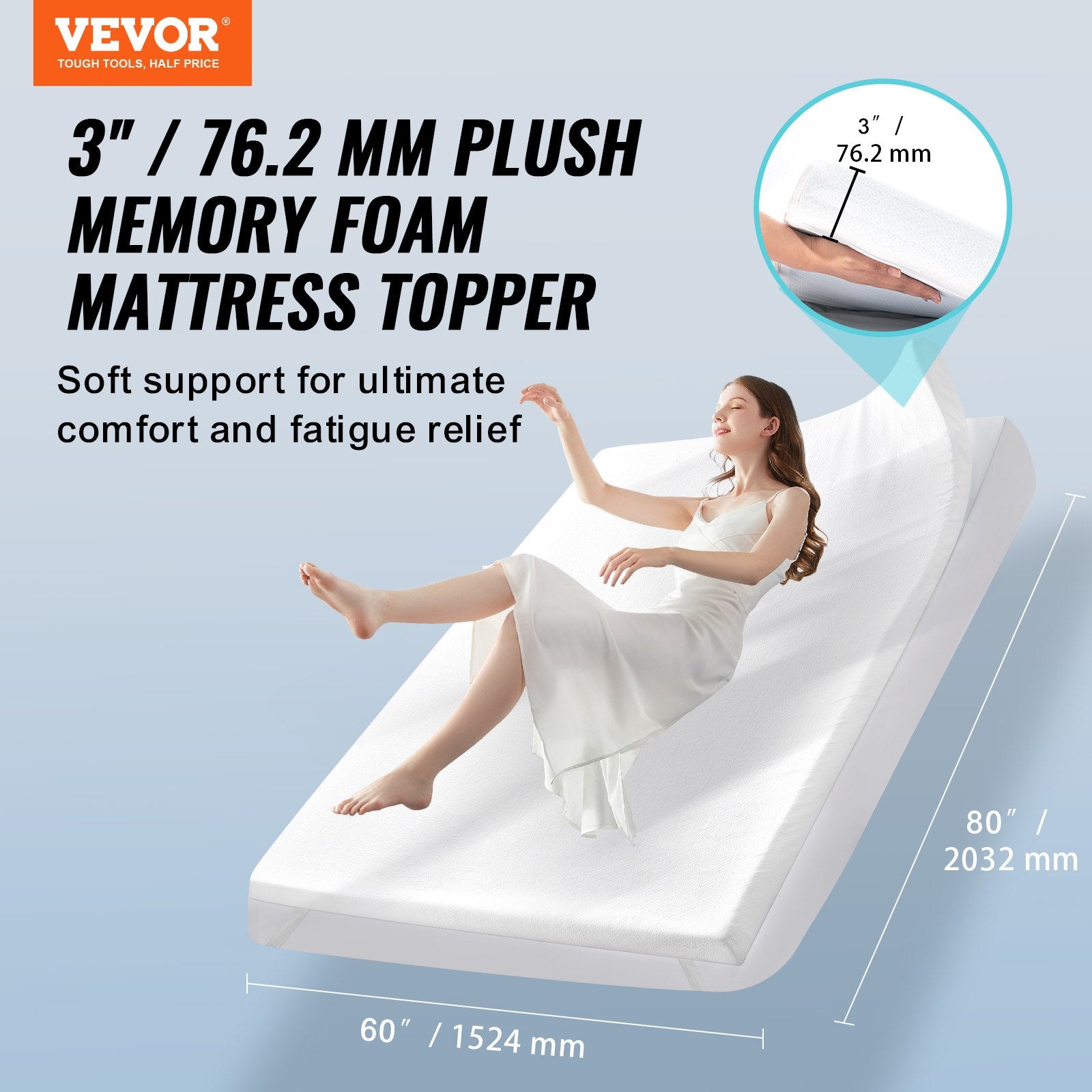 Mattress Topper Memory Foam Detachable & Washable Queen 76.2 mm Thickness