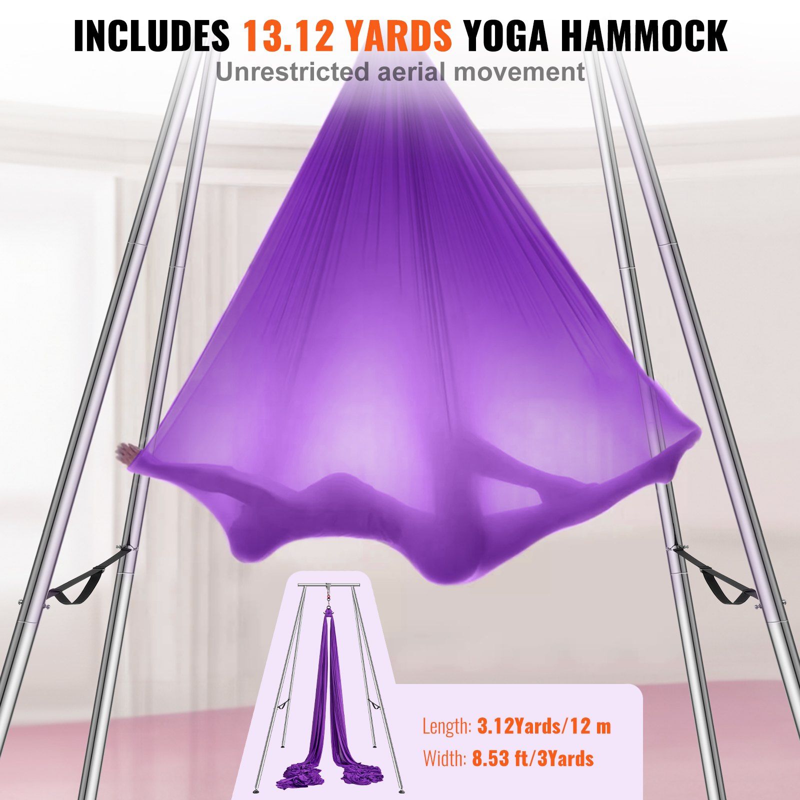 Aerial Yoga Frame & Yoga Hammock, 2950 mm Height Professional Yoga Swing Stand Comes with 12 m Length Aerial Hammock, Max 250 kg Load Capacity Yoga Rig for Indoor Outdoor Aerial Yoga, Purple