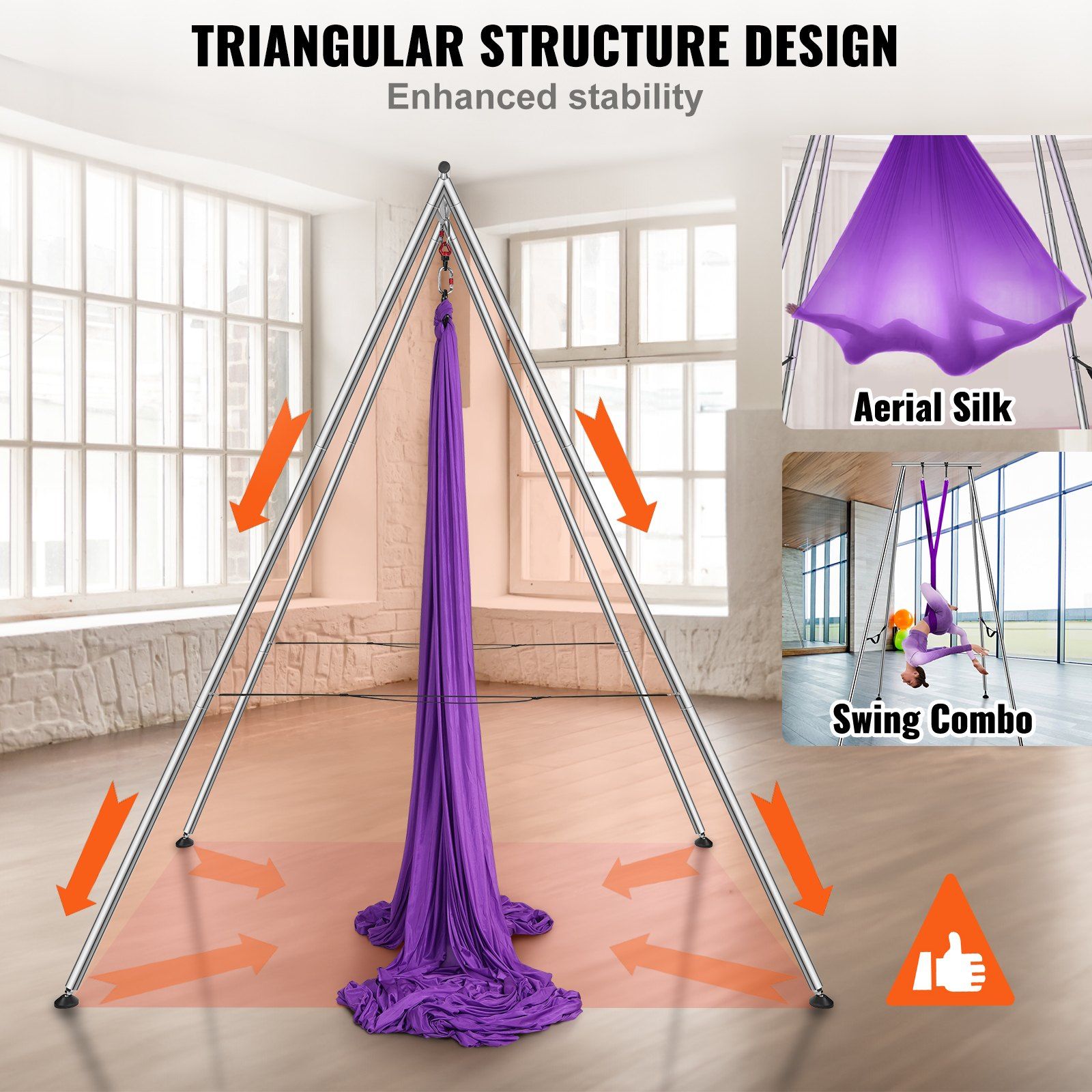 Aerial Yoga Frame & Yoga Hammock, 2950 mm Height Professional Yoga Swing Stand Comes with 12 m Length Aerial Hammock, Max 250 kg Load Capacity Yoga Rig for Indoor Outdoor Aerial Yoga, Purple