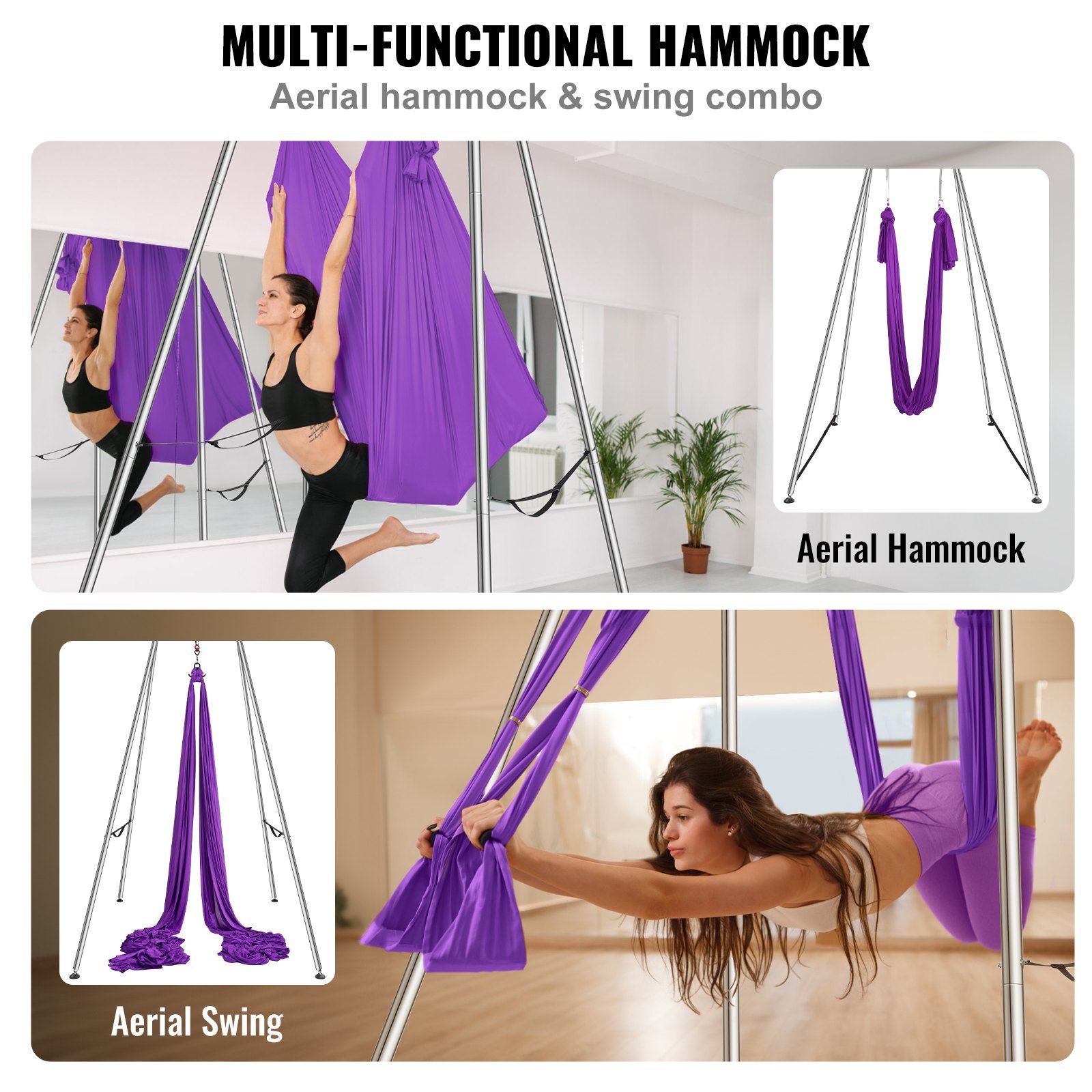 Aerial Yoga Frame & Yoga Hammock, 2950 mm Height Professional Yoga Swing Stand Comes with 12 m Length Aerial Hammock, Max 250 kg Load Capacity Yoga Rig for Indoor Outdoor Aerial Yoga, Purple