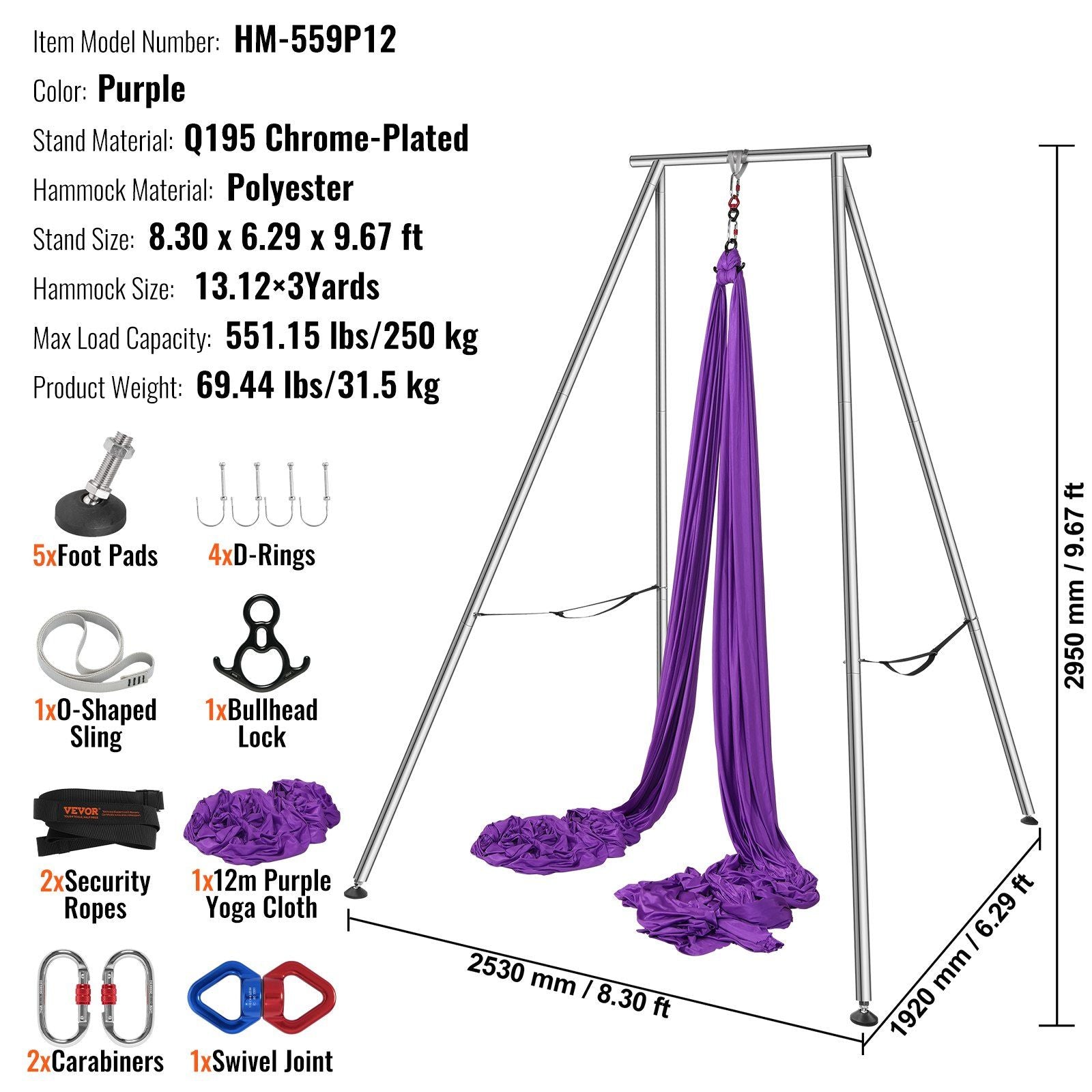 Aerial Yoga Frame & Yoga Hammock, 2950 mm Height Professional Yoga Swing Stand Comes with 12 m Length Aerial Hammock, Max 250 kg Load Capacity Yoga Rig for Indoor Outdoor Aerial Yoga, Purple