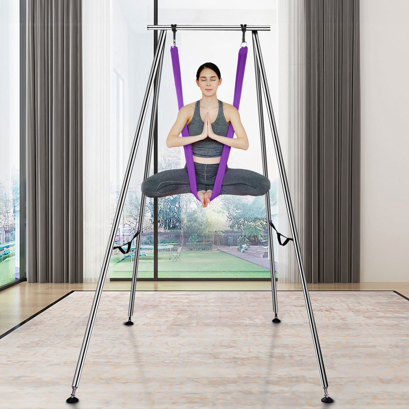 Aerial Yoga Frame & Yoga Hammock, 2950 mm Height Professional Yoga Swing Stand Comes with 12 m Length Aerial Hammock, Max 250 kg Load Capacity Yoga Rig for Indoor Outdoor Aerial Yoga, Purple