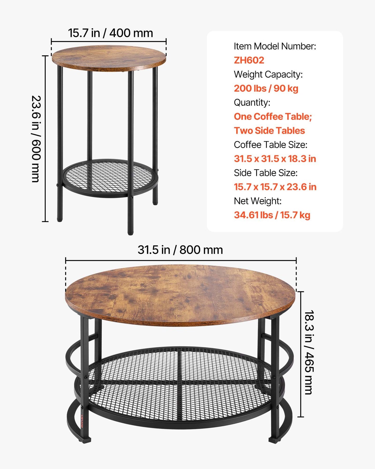 3 Pieces Round Coffee Table Set 80 cm with 2 End Tables for Living Room