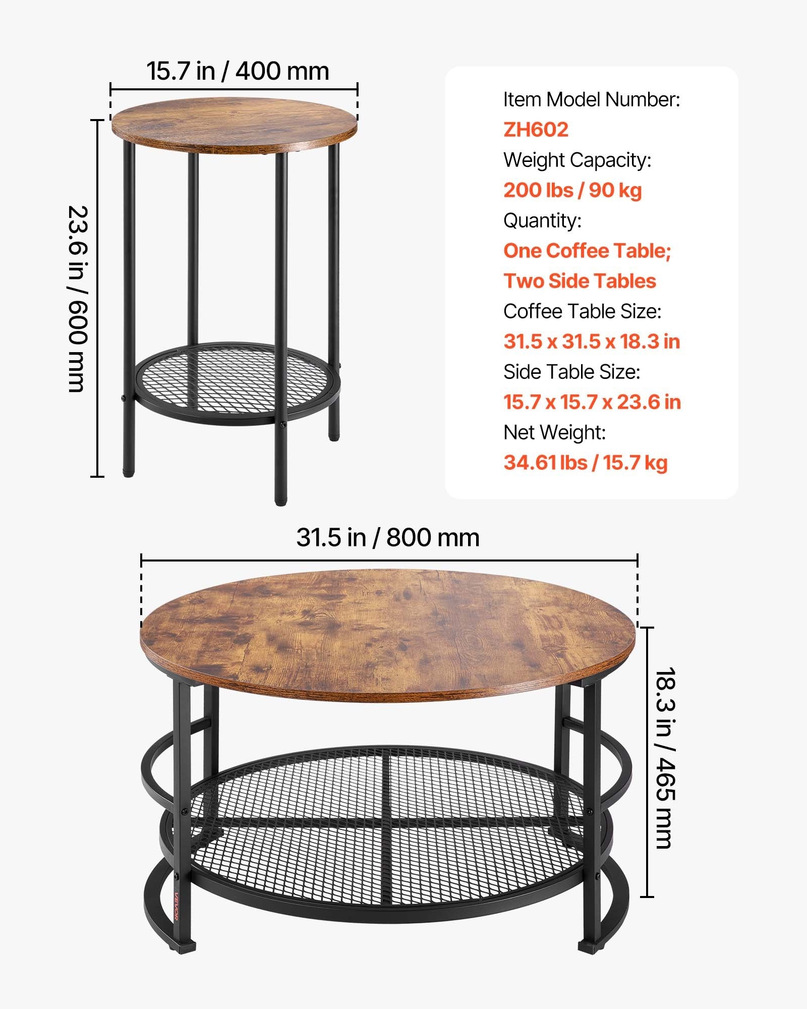 3 Pieces Round Coffee Table Set 80 cm with 2 End Tables for Living Room