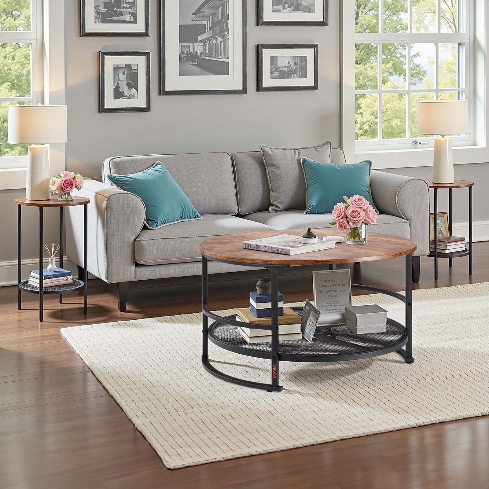 3 Pieces Round Coffee Table Set 80 cm with 2 End Tables for Living Room