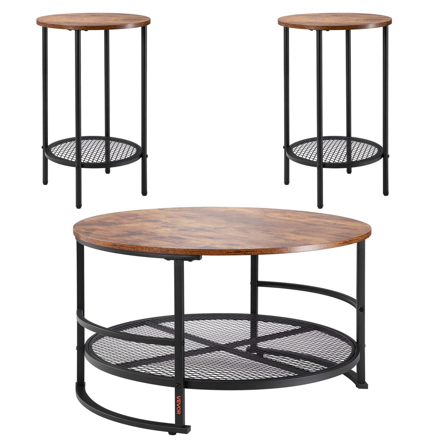 3 Pieces Round Coffee Table Set 80 cm with 2 End Tables for Living Room