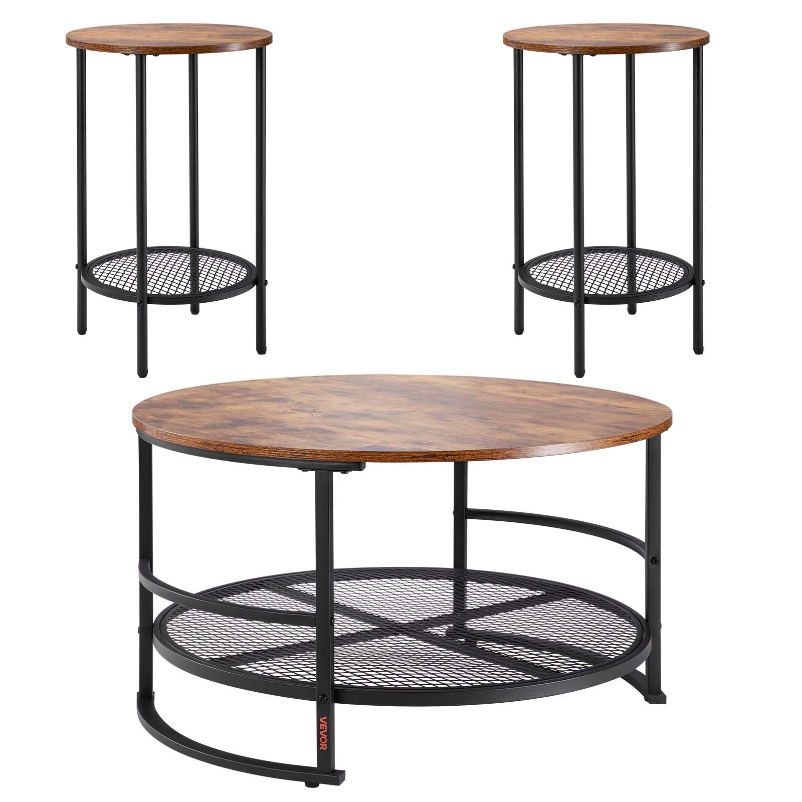 3 Pieces Round Coffee Table Set 80 cm with 2 End Tables for Living Room