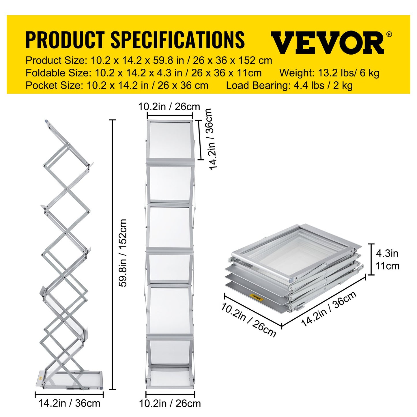 Literature Rack, 6 Pockets, Pop up Aluminum Magazine Rack, Lightweight Catalog Holder Stand w/Carrying Bag for Living Room, Hotel, Trade Show, Exhibition, Office