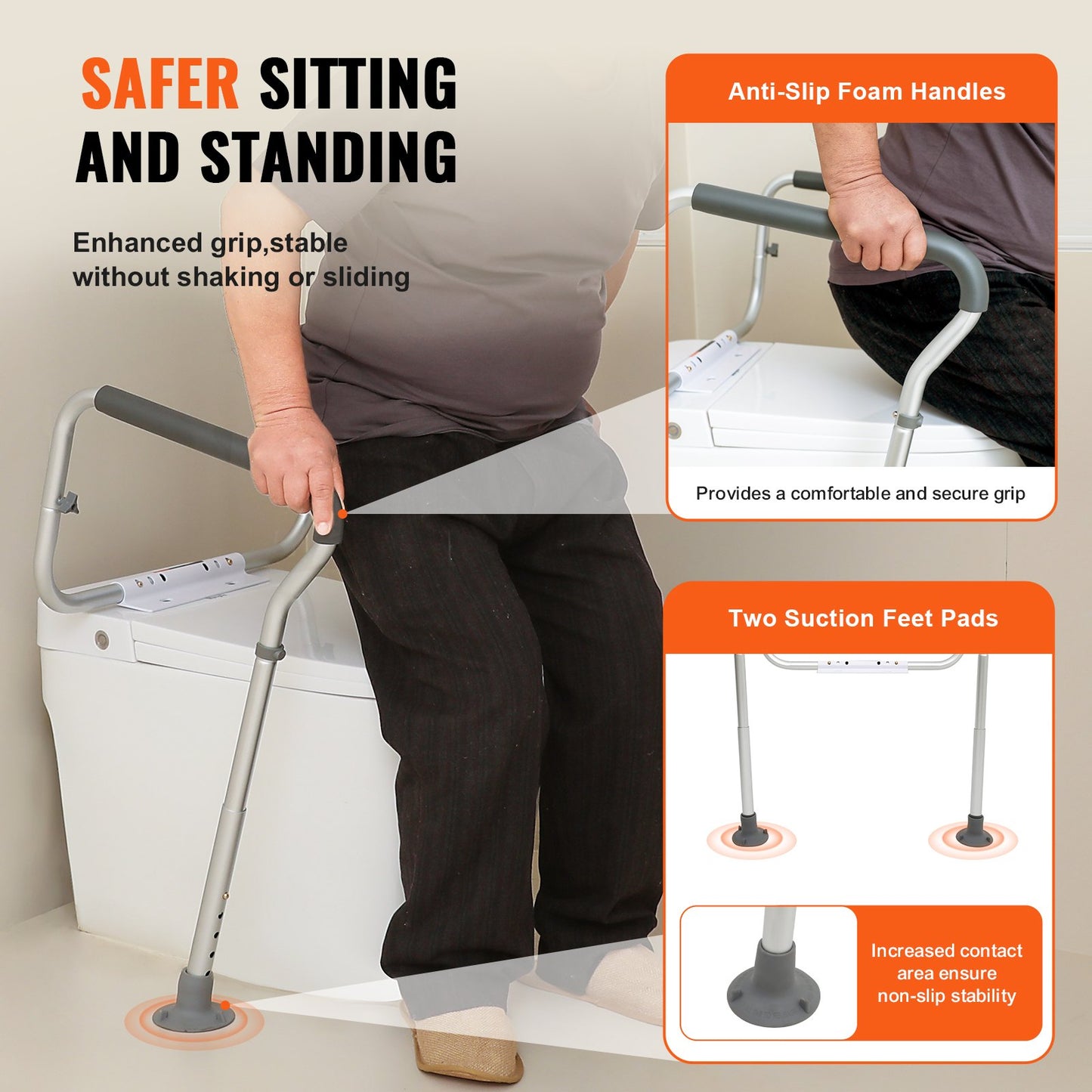 Toilet Safety Rail, Bathroom Toilet Seat Frame, Adjustable Width & Height Fit Most Toilets, Supports 136 kg, Toilet Handles Grab Bars with Padded Armrests for Handicap, Disabled, Seniors