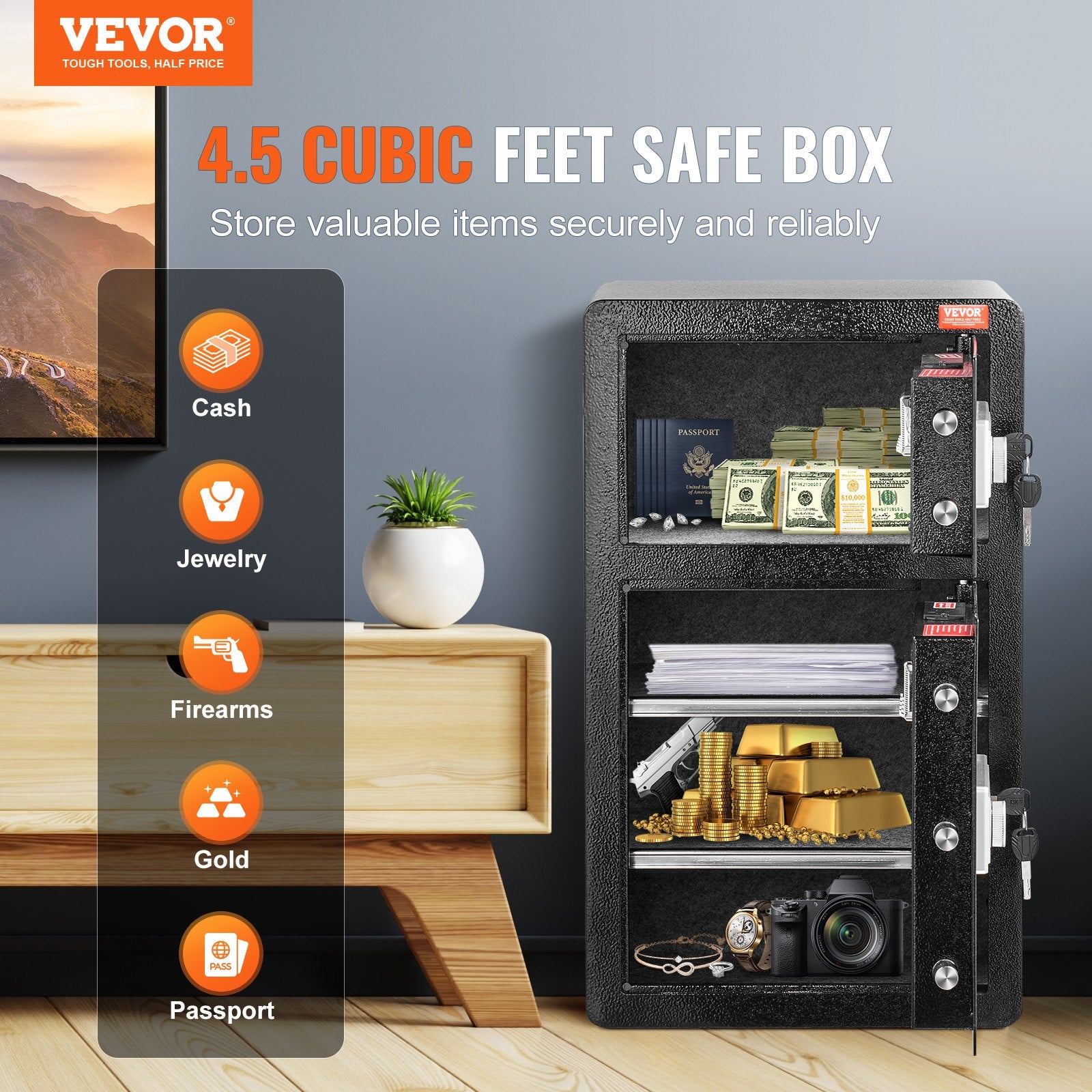 Double Doors 4.5 cu.ft Safe Box with Key Lock & Password, Safe Lock Box with Fireproof Bag, Key Rack, LED Light and 2 Height Adjustable and Removable Divider for Money, Documents, Jewelry and Valuables, Black