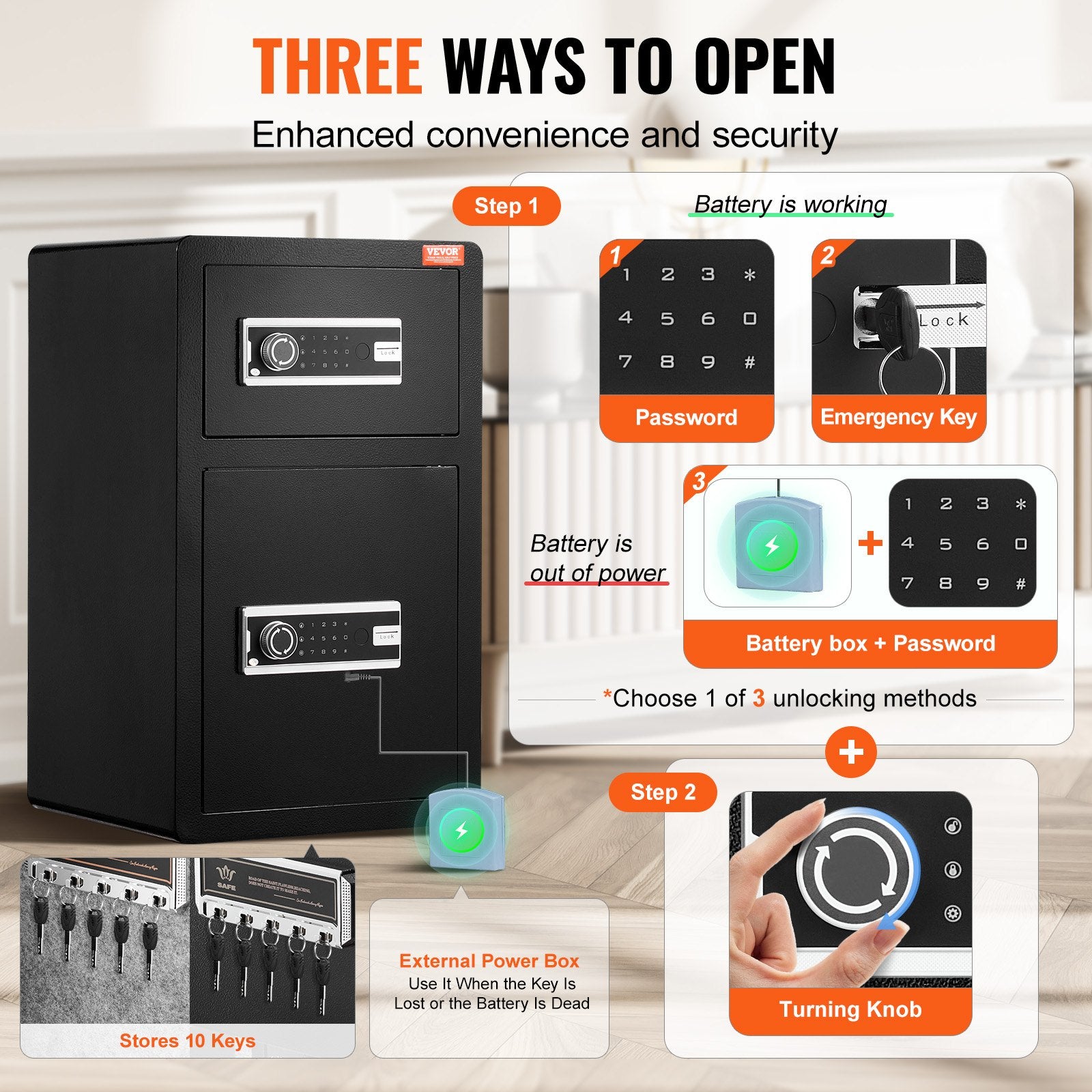 Double Doors 4.5 cu.ft Safe Box with Key Lock & Password, Safe Lock Box with Fireproof Bag, Key Rack, LED Light and 2 Height Adjustable and Removable Divider for Money, Documents, Jewelry and Valuables, Black