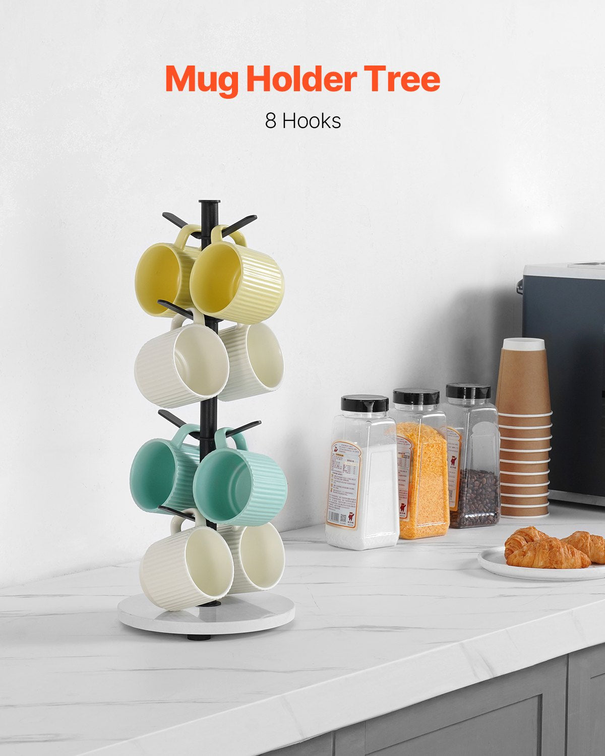 Mug Holder Tree with Marble Base 8 Hooks Cup Tree Rack for Counter Kitchen