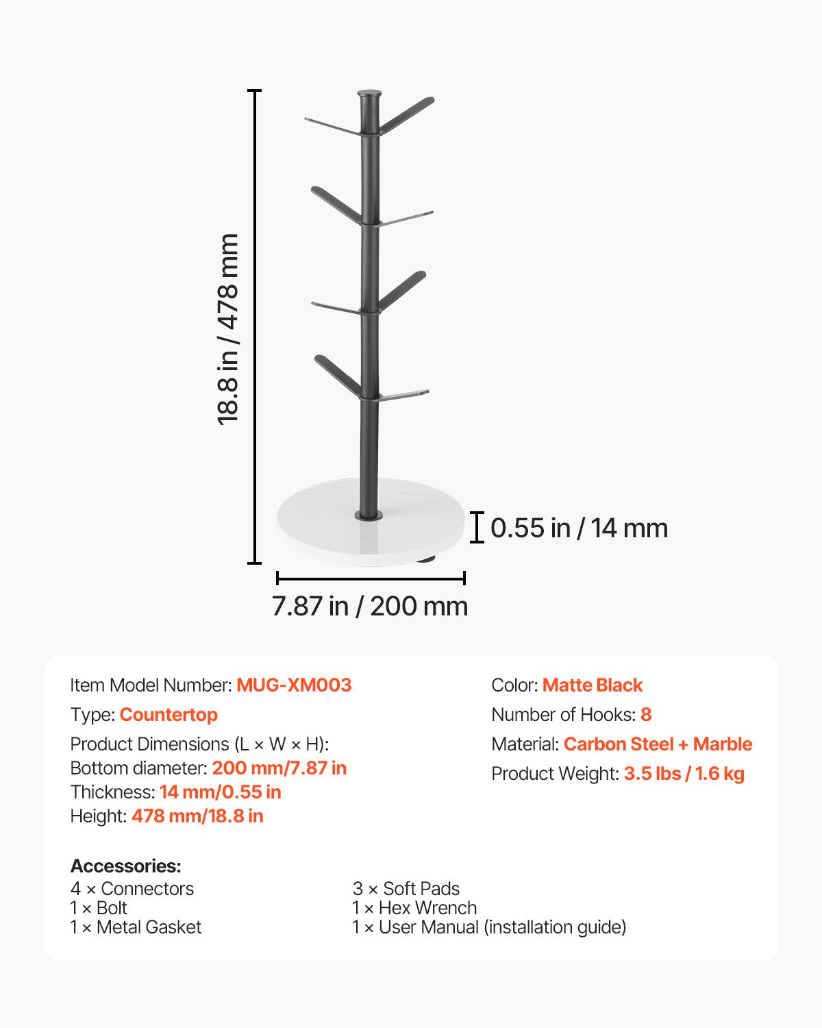 Mug Holder Tree with Marble Base 8 Hooks Cup Tree Rack for Counter Kitchen