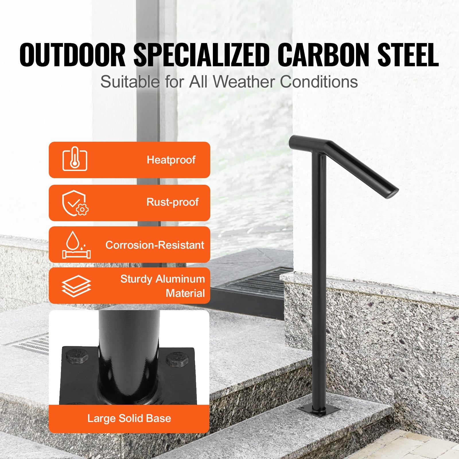 Single Post 1-2, Black Steel Railing 441LBS Capacity Baking Varnish Iron Stairs Stylish Handrails for Outdoor Steps with Expansion Bolts & Drill Bit