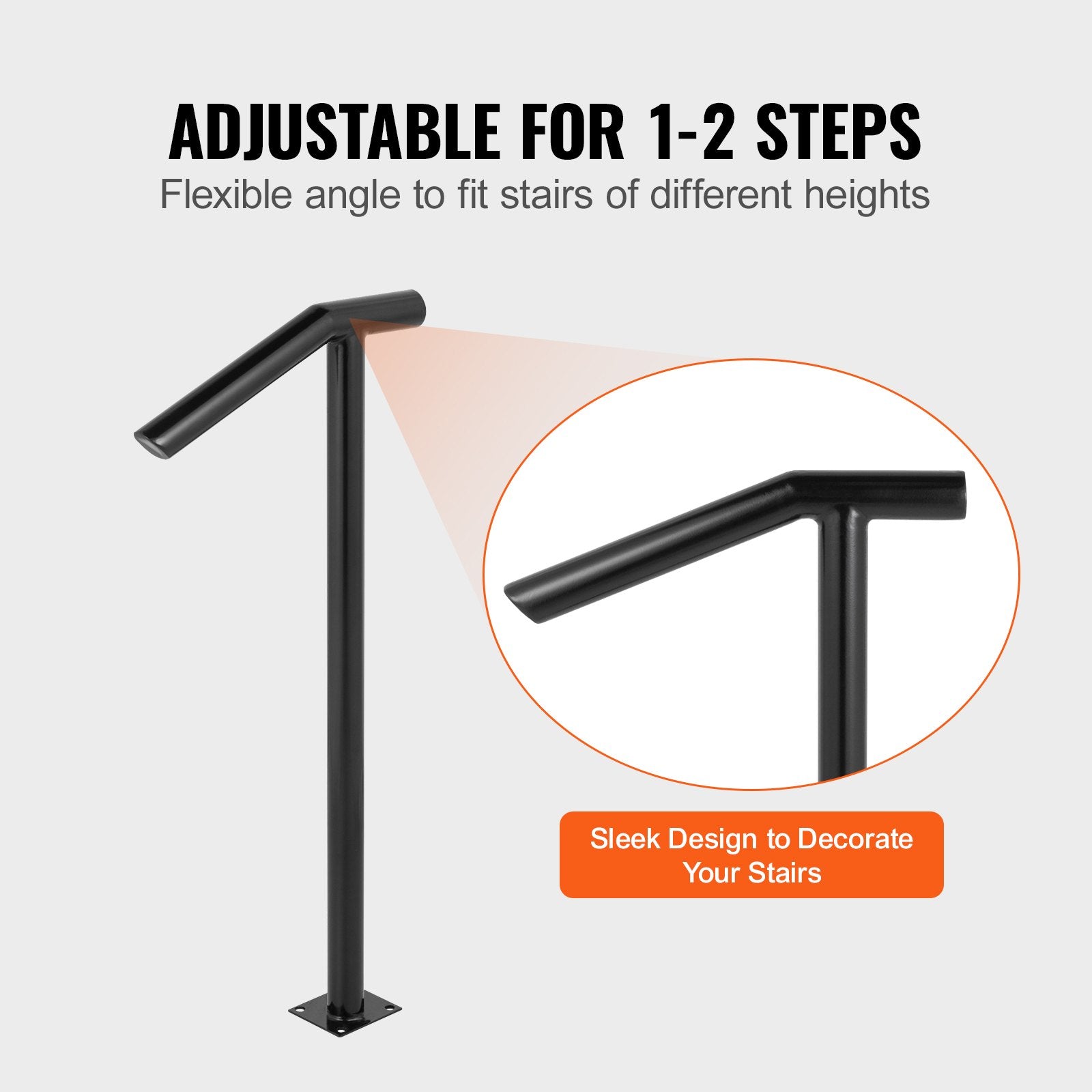 Single Post 1-2, Black Steel Railing 441LBS Capacity Baking Varnish Iron Stairs Stylish Handrails for Outdoor Steps with Expansion Bolts & Drill Bit