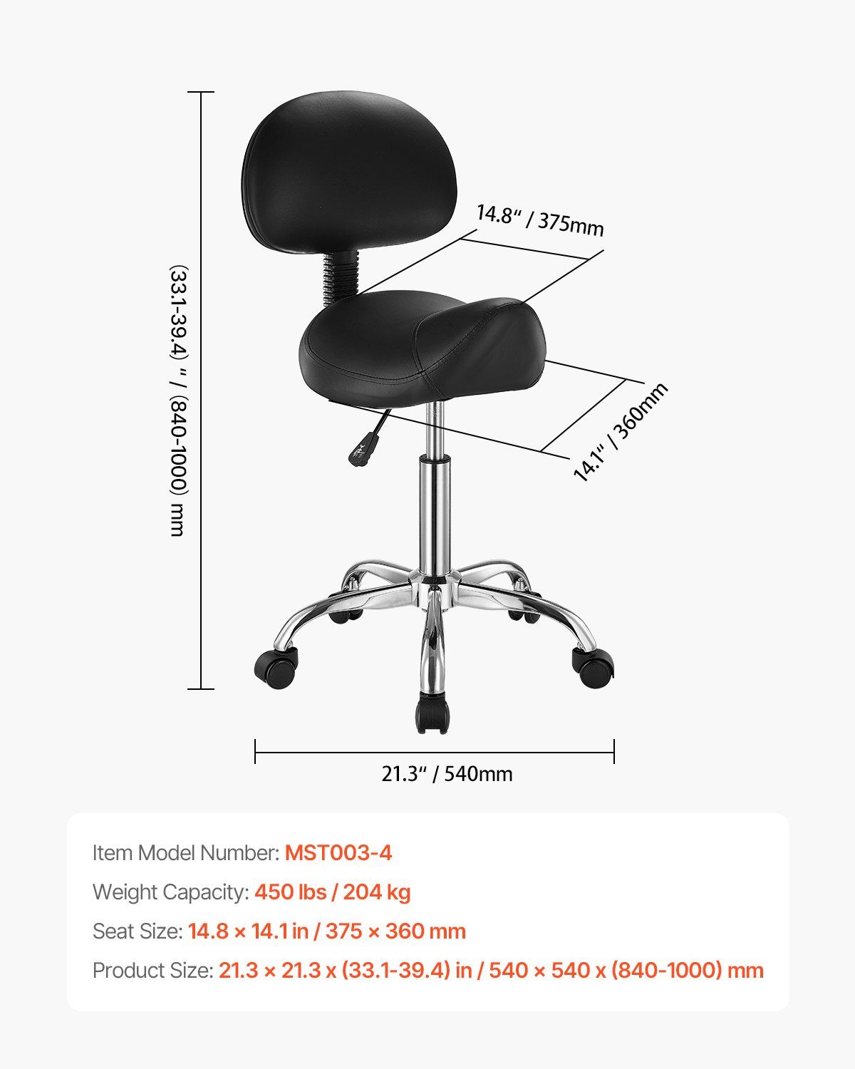 Saddle Rolling Stool, PU Leather Rolling Stool with Backrest, Black