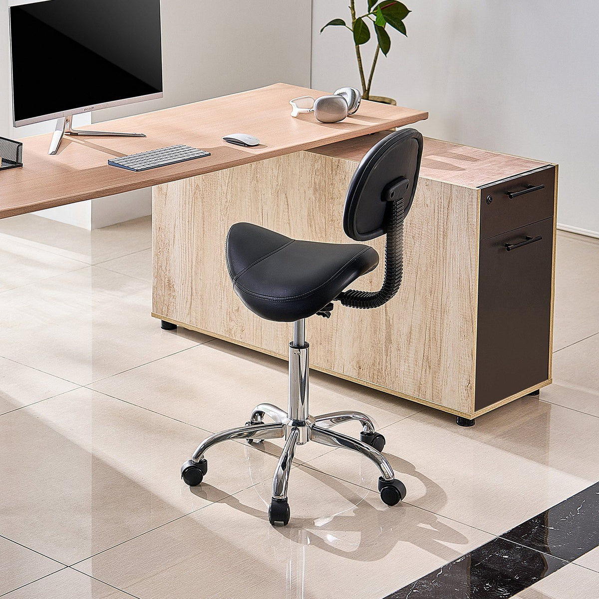 Saddle Rolling Stool, PU Leather Rolling Stool with Backrest, Black