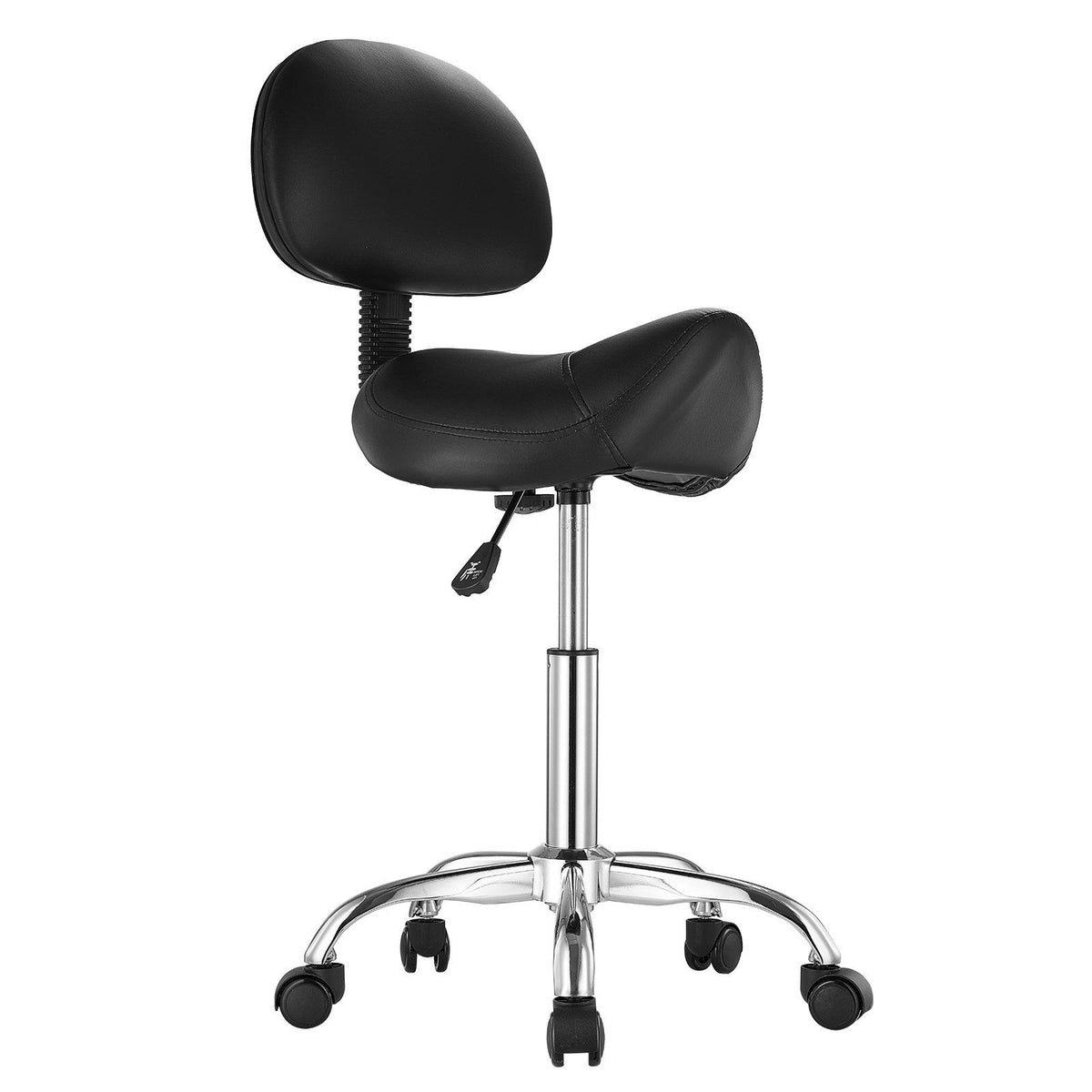 Saddle Rolling Stool, PU Leather Rolling Stool with Backrest, Black