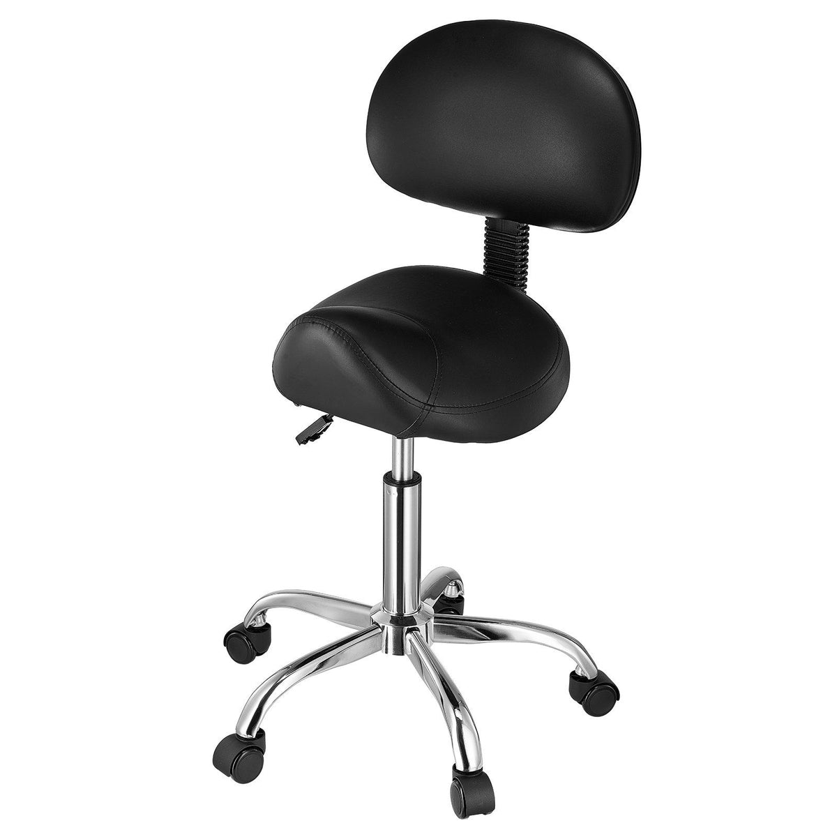 Saddle Rolling Stool, PU Leather Rolling Stool with Backrest, Black