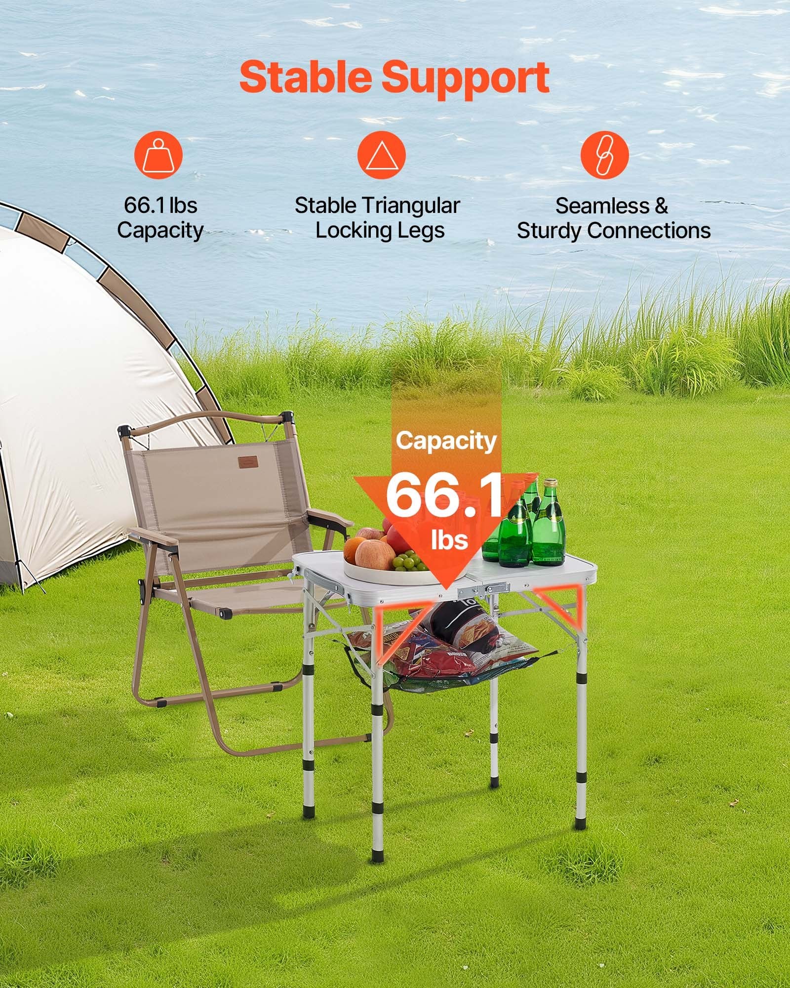 Folding Camping Table, Adjustable Height Portable Side Tables, Aluminum MDF Beach Table with Mesh Layer, Carrying Handle, Lightweight Compact for Outdoor Picnic BBQ Cooking, 24x16in, Silver