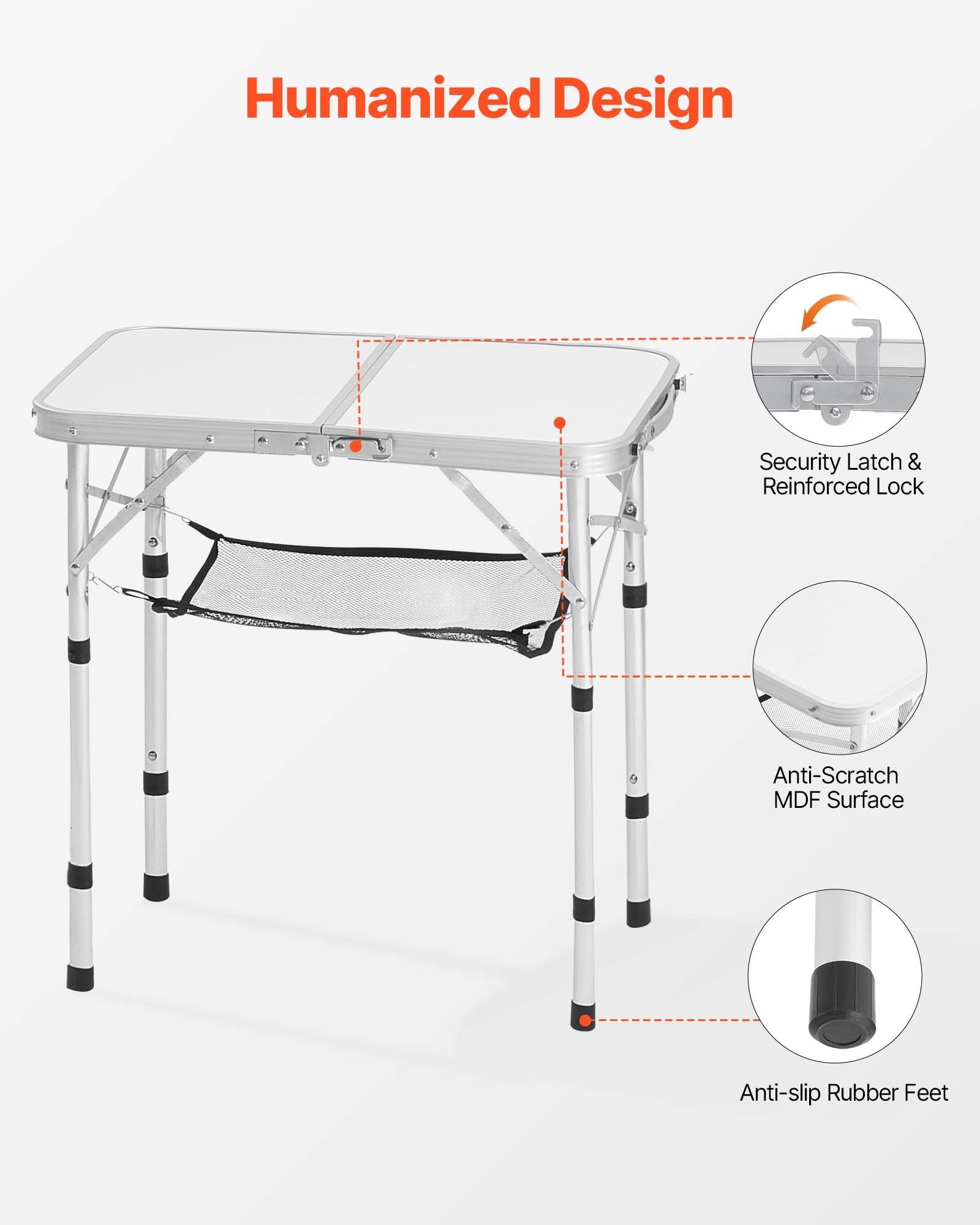 Folding Camping Table, Adjustable Height Portable Side Tables, Aluminum MDF Beach Table with Mesh Layer, Carrying Handle, Lightweight Compact for Outdoor Picnic BBQ Cooking, 24x16in, Silver