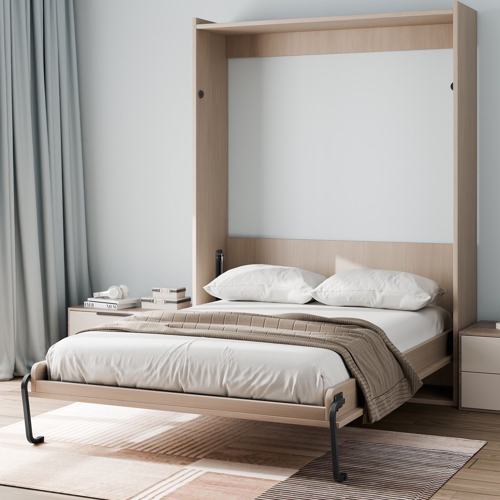 Murphy Bed Kit, Queen Size, Vertical Deluxe DIY Wall Bed Mechanical Hardware Kit, Pneumatic Lever Heavy Duty Bed Frame Support, Folding Cabinet Wall Bed Space Saving Design for Guestroom