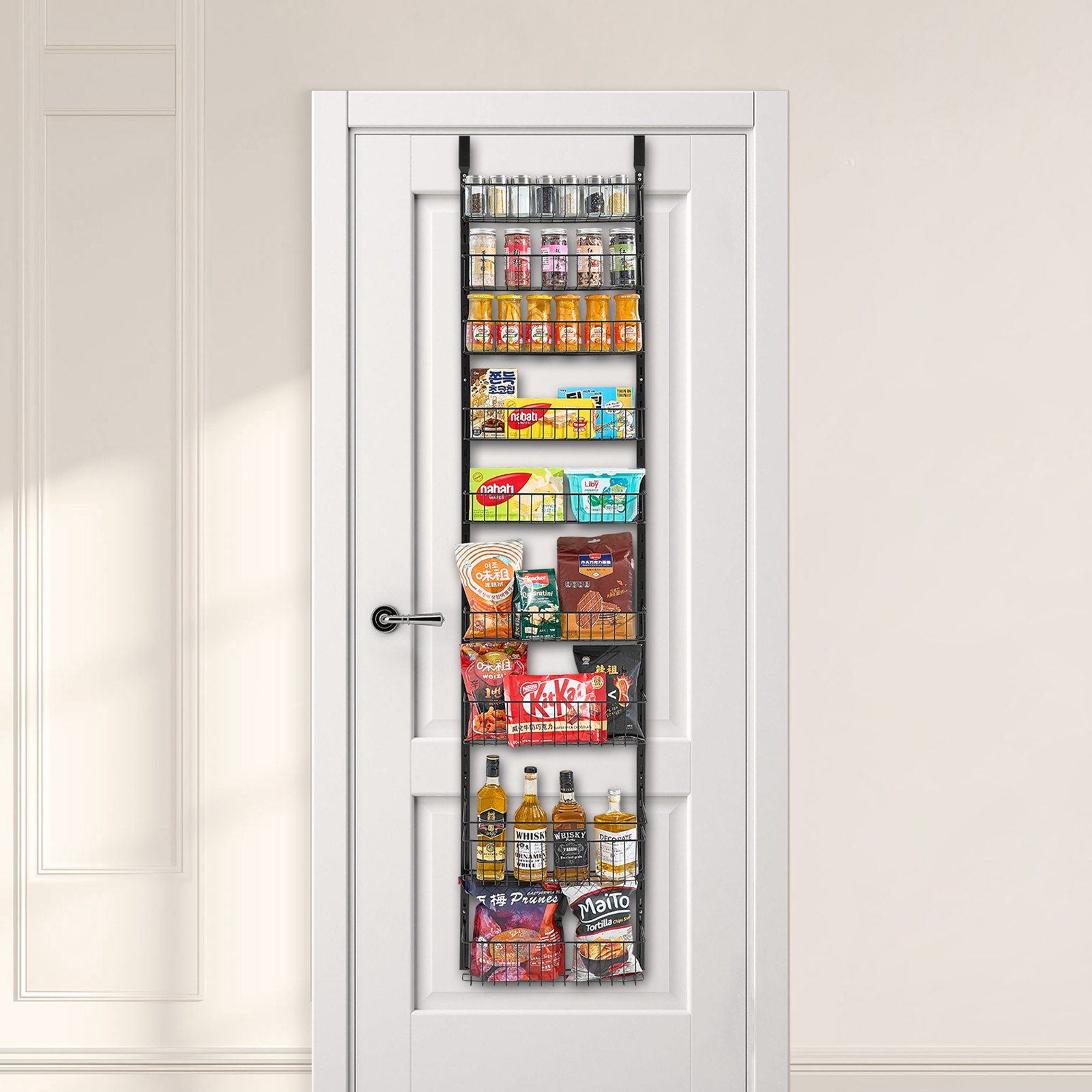 Over the Door Pantry Organizer, 9-Tier Pantry Organization and Storage, Heavy-Duty Steel Hanging Spice Rack, Adjustable Wall Seasoning Shelves, for Home Kitchen Laundry Room Bathroom, Black