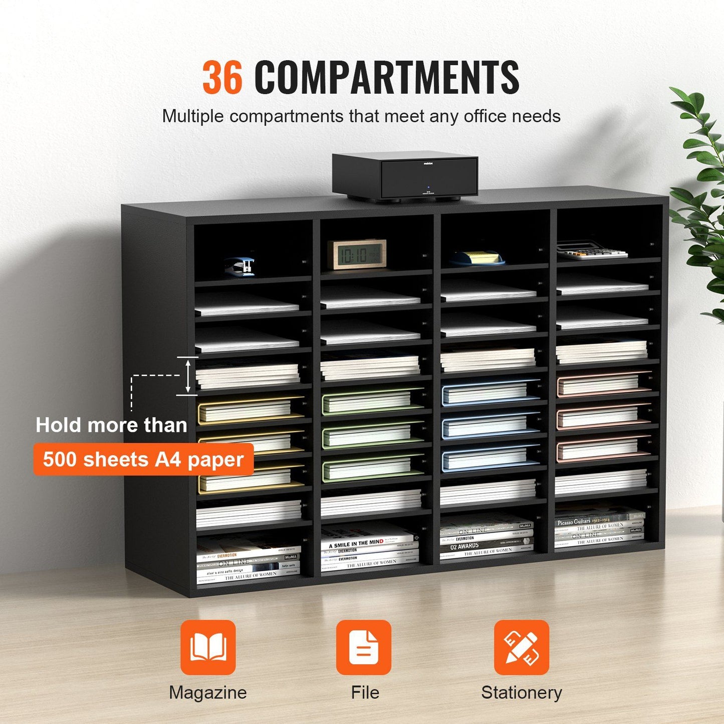 Wood Literature Organizer, 36 Compartments, File Sorter with Removable Shelves, Mailboxes Slot for Office Home Classroom Mailrooms Organization, EPA Certified, Black