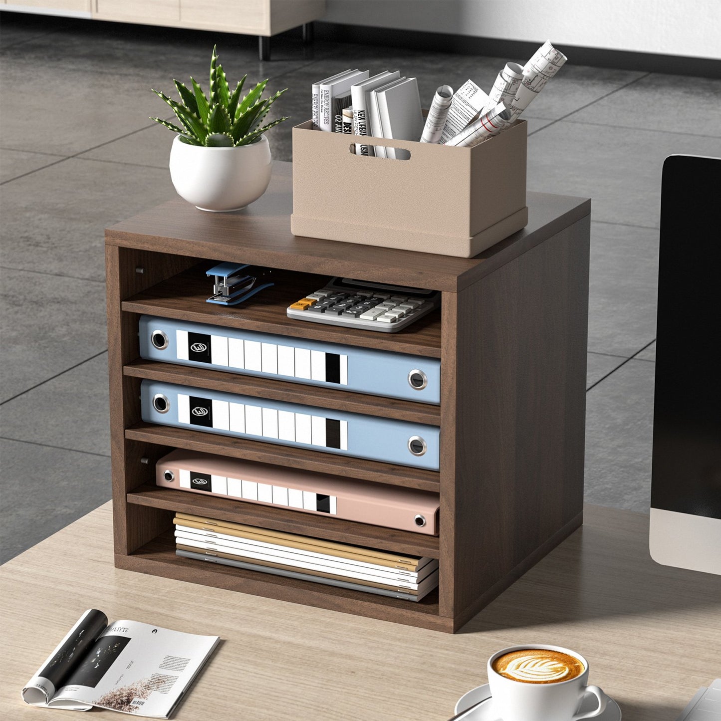 Wood Literature Organizer Adjustable File Sorter 5 Compartments Brown