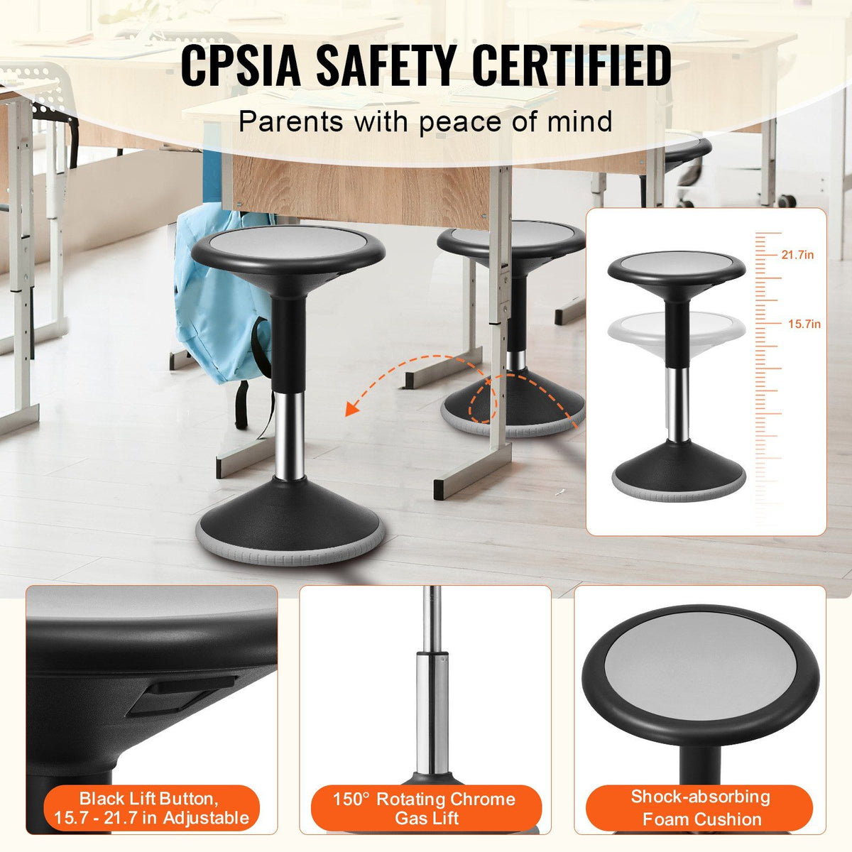 Wobble Chair, Height-Adjustable (15.7-21.7") Active Chair, Black