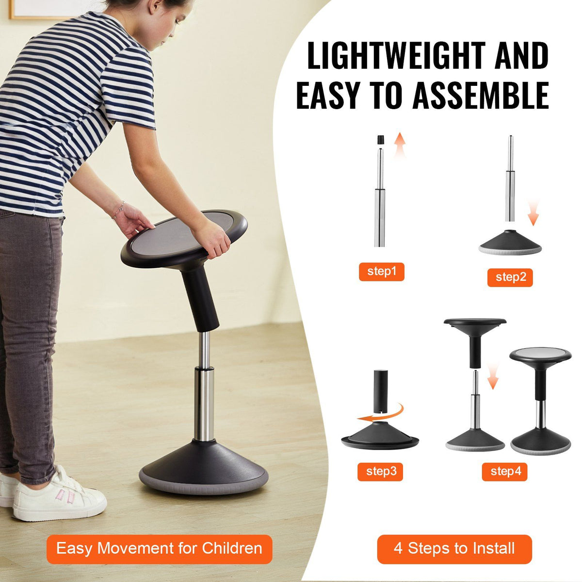 Wobble Chair, Height-Adjustable (15.7-21.7") Active Chair, Black