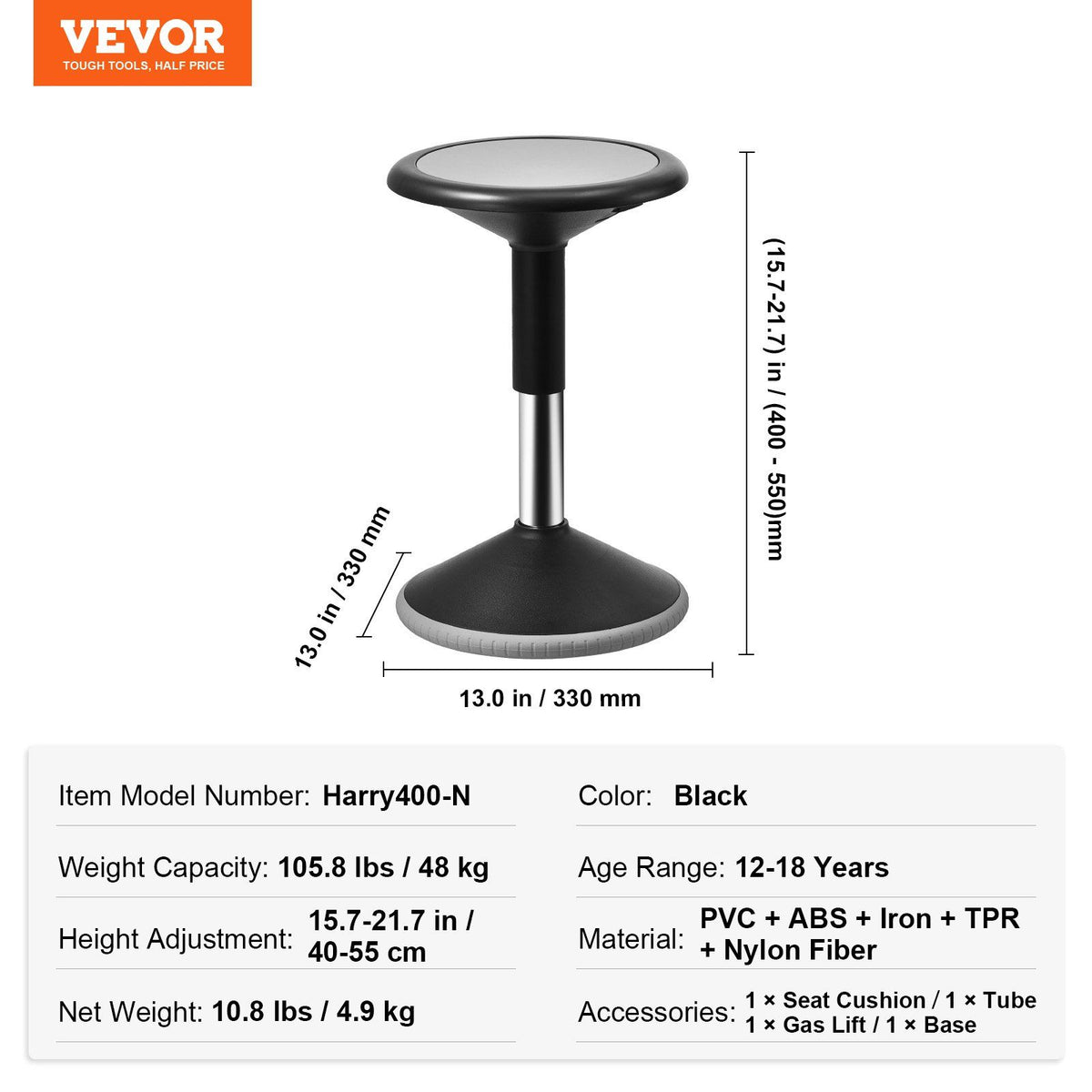 Wobble Chair, Height-Adjustable (15.7-21.7") Active Chair, Black