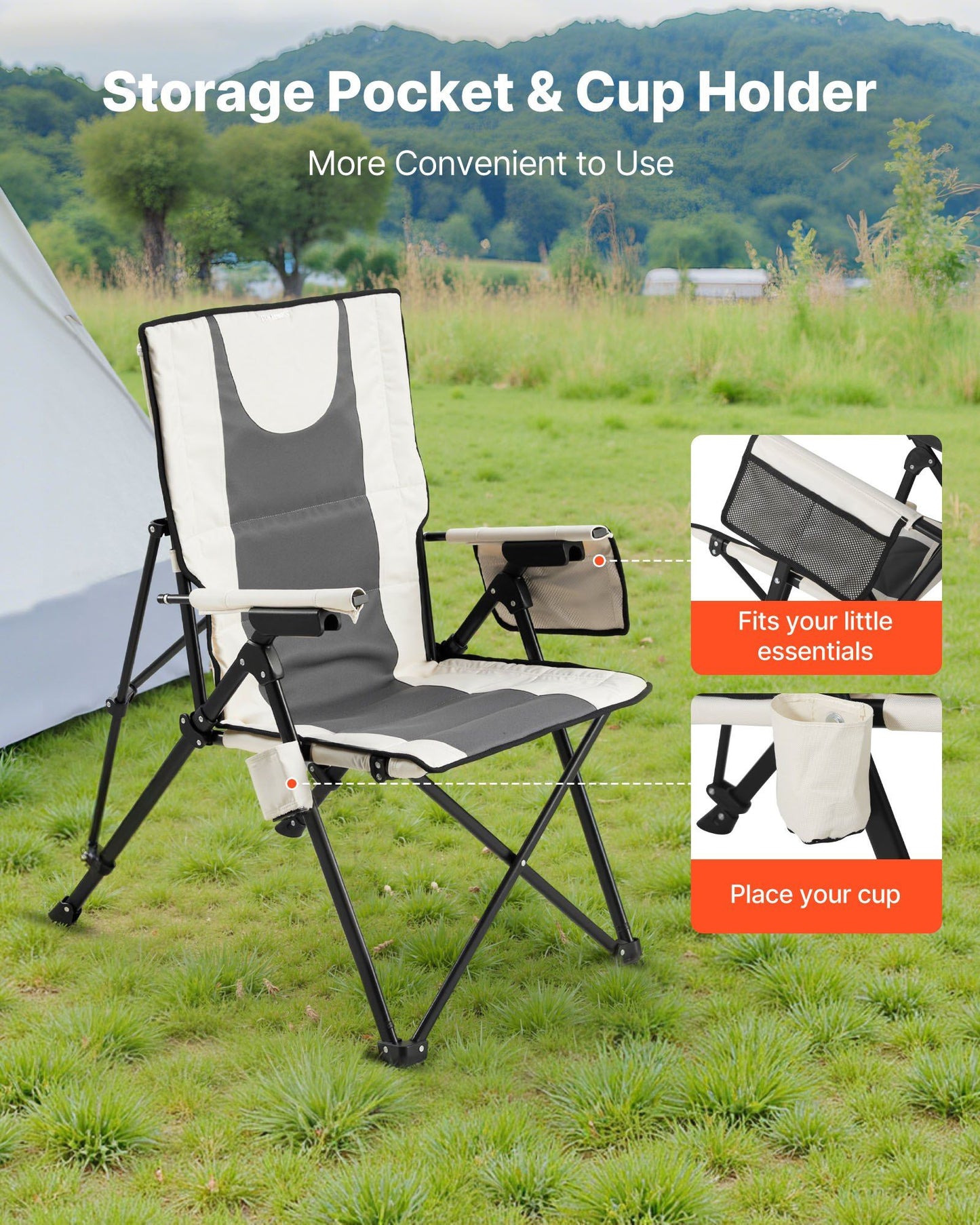 Folding Camping Chair, 3 Reclining Positions, Outdoor High Back Camping Chair, 260lbs Weight Capacity, Full Padded Beach Chairs with Armrest & Headrest, Portable Lawn Chairs for Sports Travel