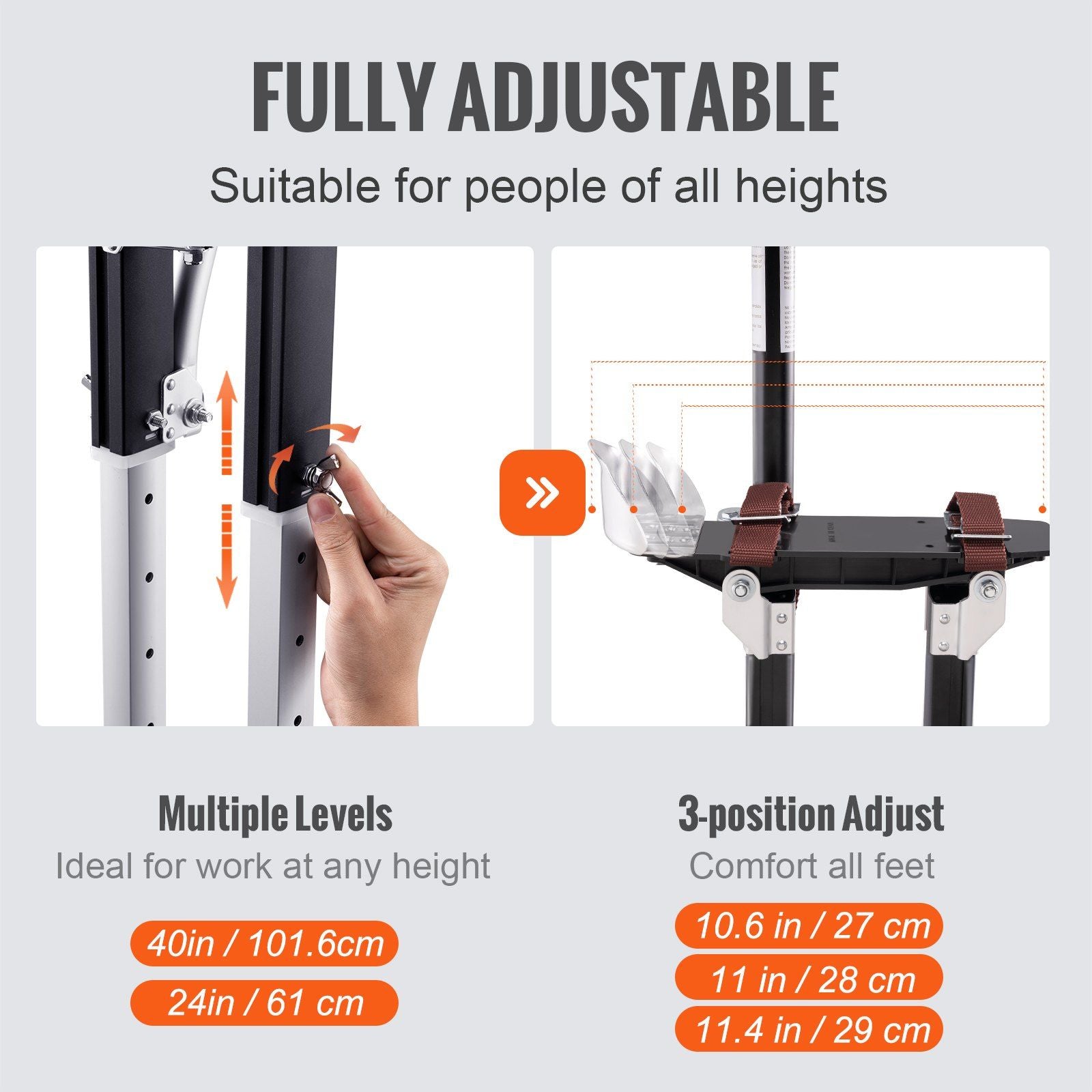 Drywall Stilts, 61-101.6 cm Adjustable Aluminum Tool Stilts with Protective Knee Pads, Durable and Non-slip Work Stilts for Sheetrock Painting, Walking, Taping, Black